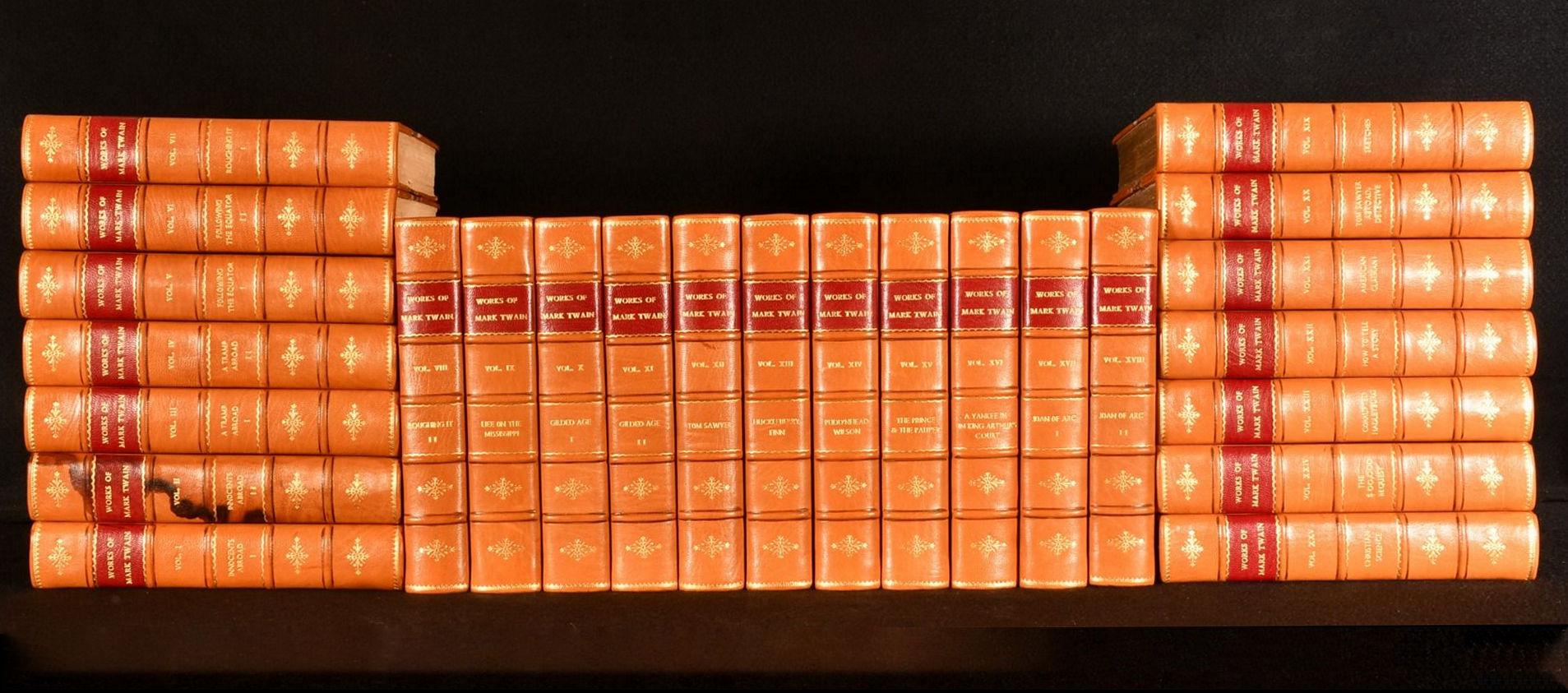 A striking set of the works of the great American author Mark Twain, a smartly bound set including all of his best known and influential works.

The collected works of Mark Twain.

Complete in twenty-five volumes.

This Hillcrest edition is named