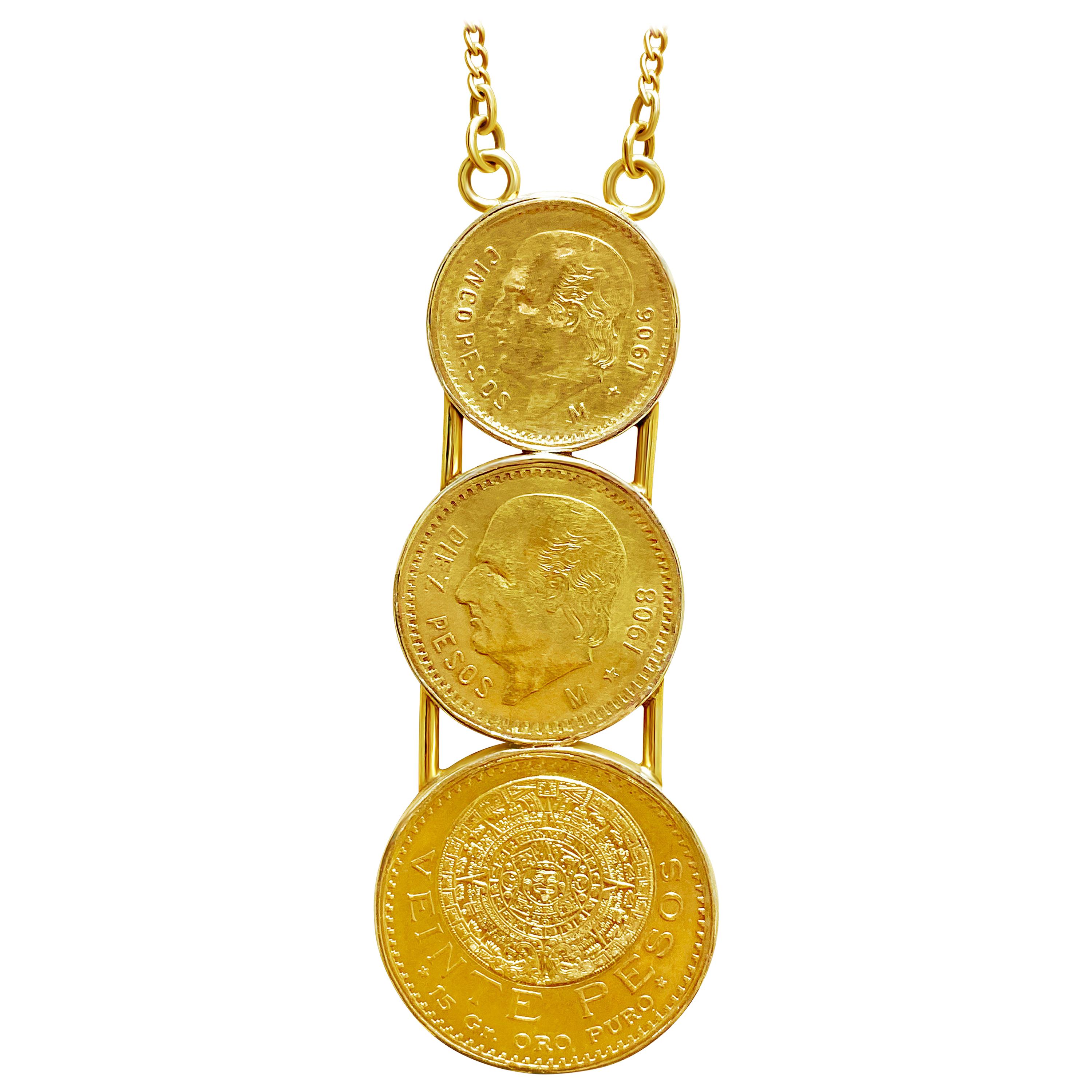 1906-1917 Pure Gold Mexican Pesos "5 Pesos, 10 Pesos, 20 Pesos" 22K Pendant For Sale