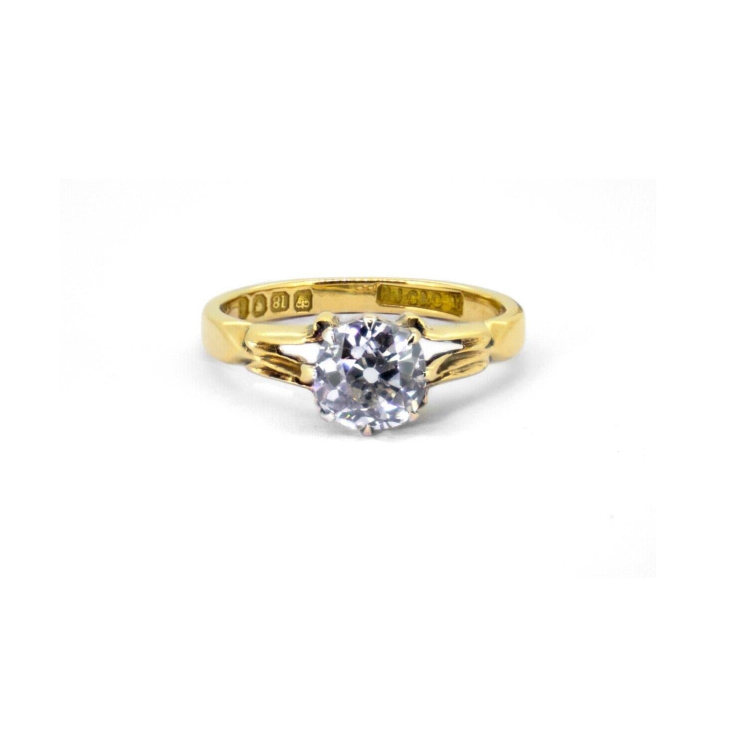 1906 Antique 1.01ct Old Cut Diamond Carved Solitaire Ring 18k In Good Condition For Sale In London, GB