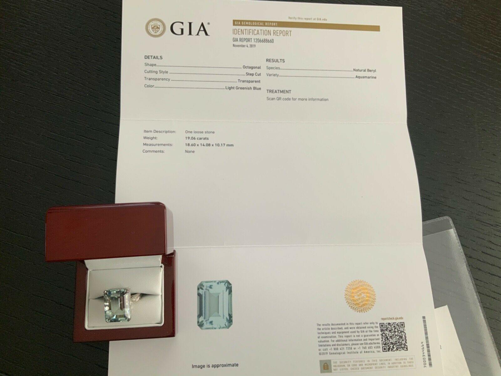 19.06 Carat Natural Aquamarine and Diamond Ring GIA Certified 19k White Gold For Sale 3