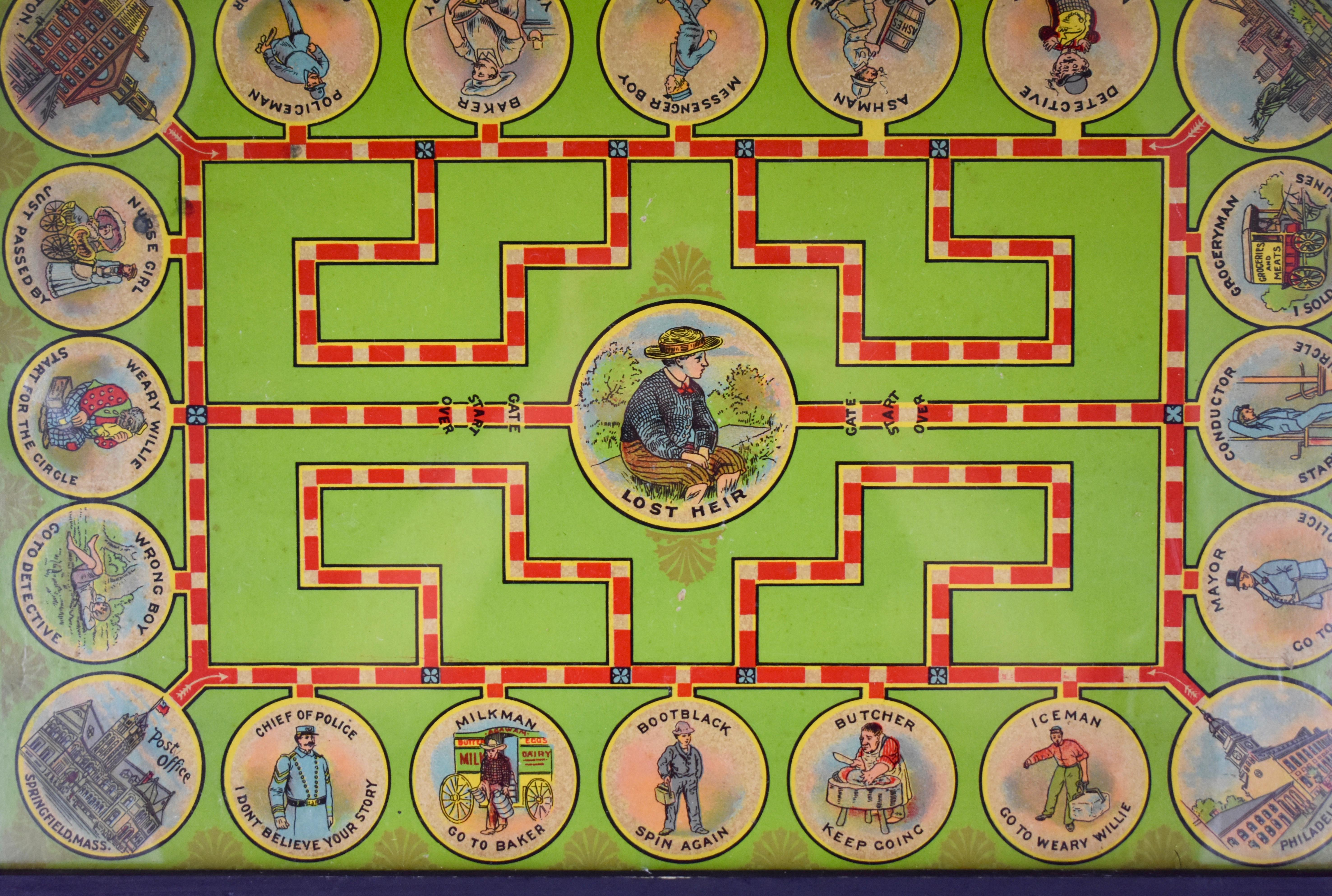 An original lithographed children's game board, Lost Heir, by The Milton Bradley Company of Springfield Massachusetts, dating to 1906.

A race to the end game based on the 1872 novel, “The Lost Heir of Linlithgow,” by the popular 19th Century