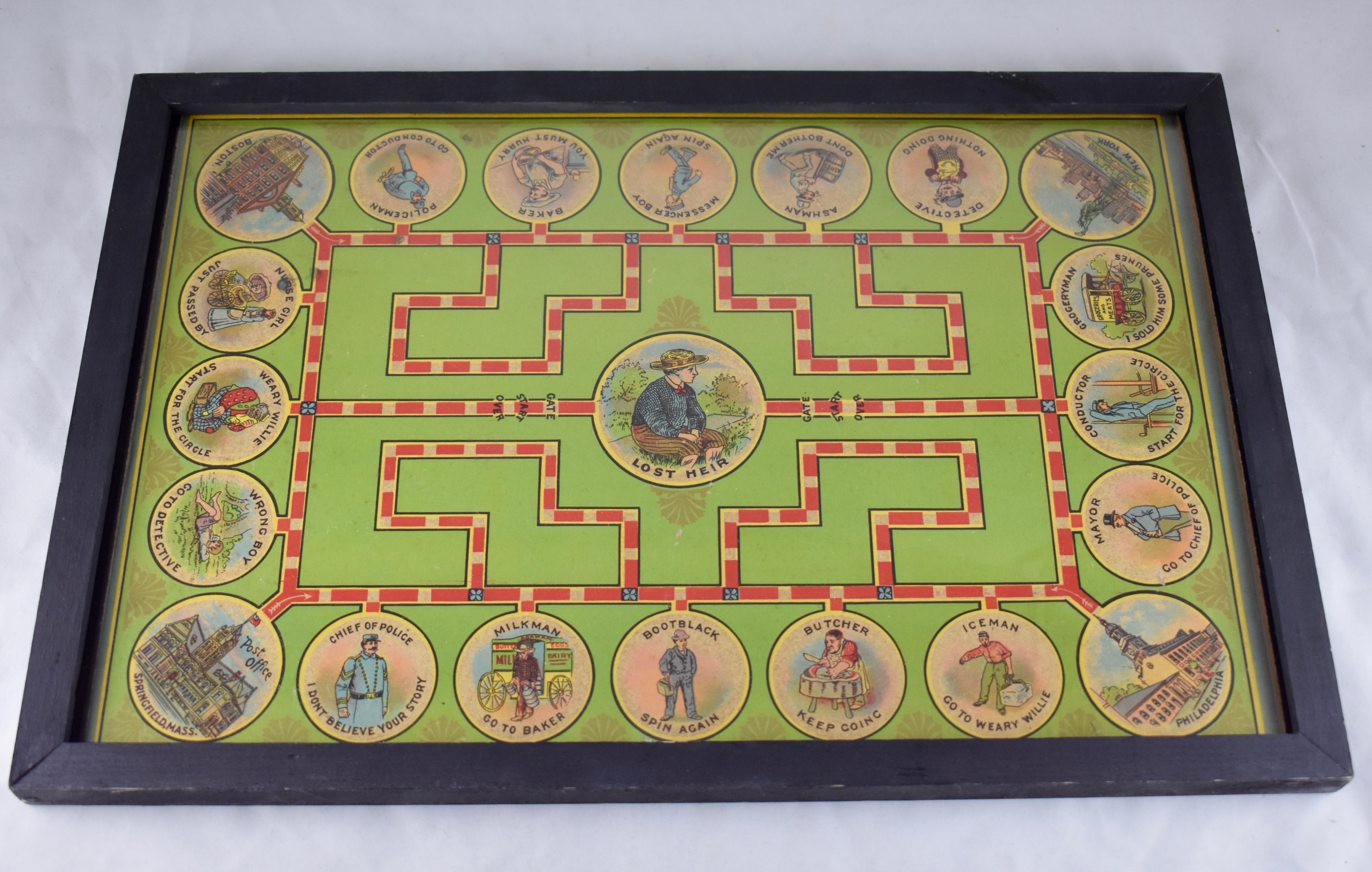 American Classical 1906 Chromolithograph 'Lost Heir' Milton Bradley Children's Game Board, Framed