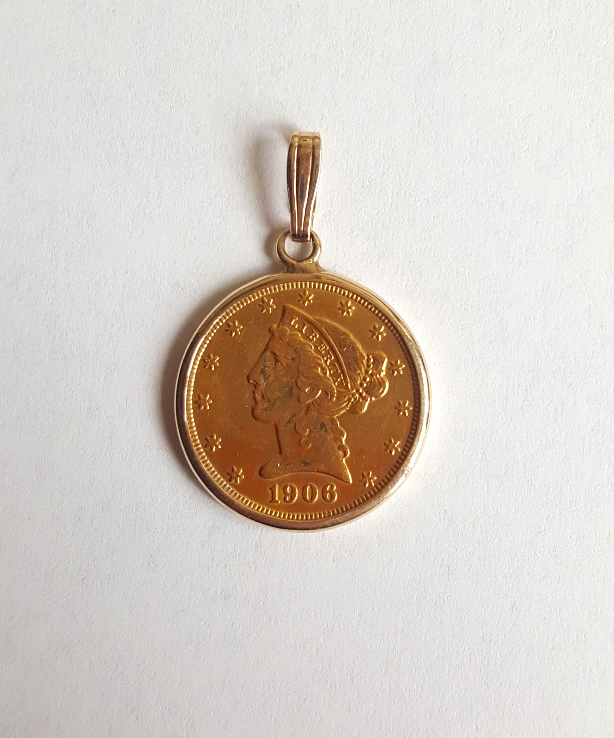 Modern 1906 Liberty Head Coin Bezel Pendant 9.4 Gr, 14kt Gold Bail, Half Eagle US Mint