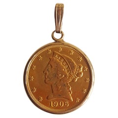 1906 Liberty Head Coin Bezel Pendentif 9.4 Gr, 14kt Gold Bail, Half Eagle US Mint