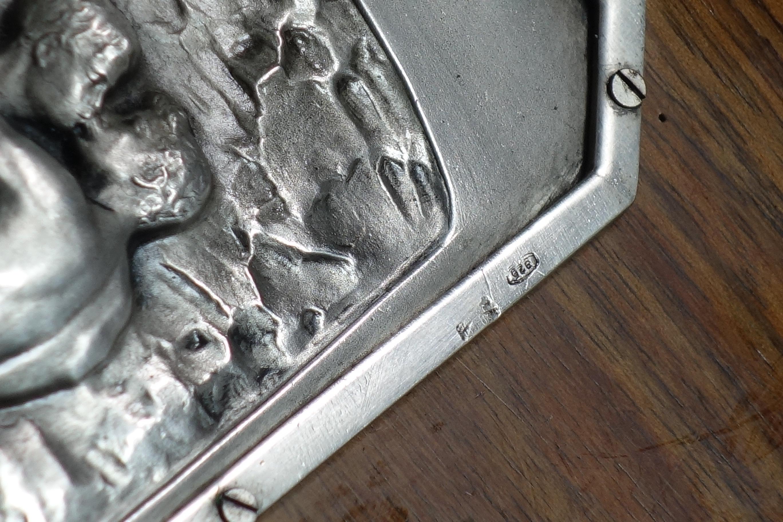 1906 Luigi Genazzi Art Nouveau Semplon Tunnel Italian Silver Plaque Wood Box For Sale 7