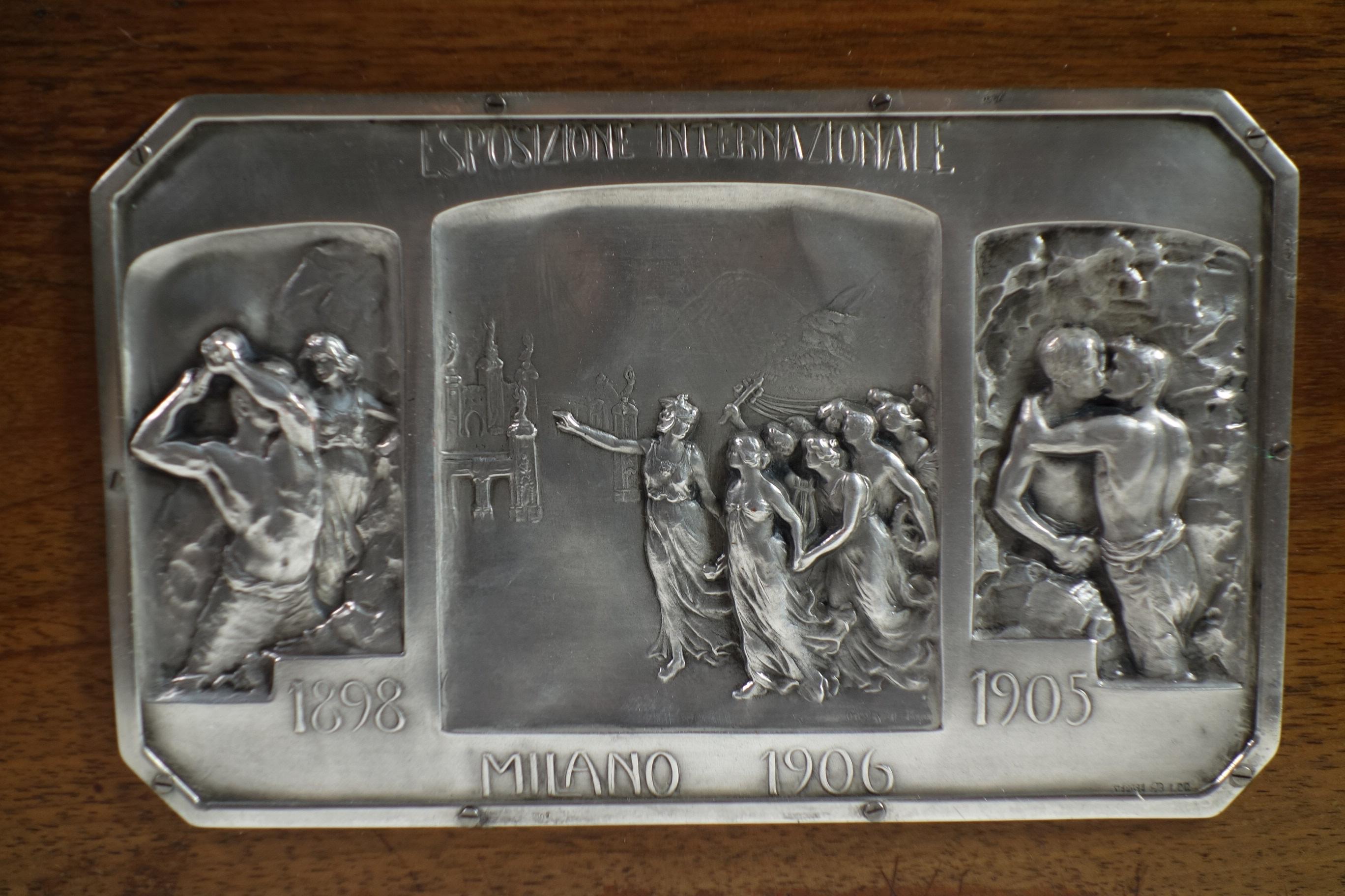 20th Century 1906 Luigi Genazzi Art Nouveau Semplon Tunnel Italian Silver Plaque Wood Box For Sale