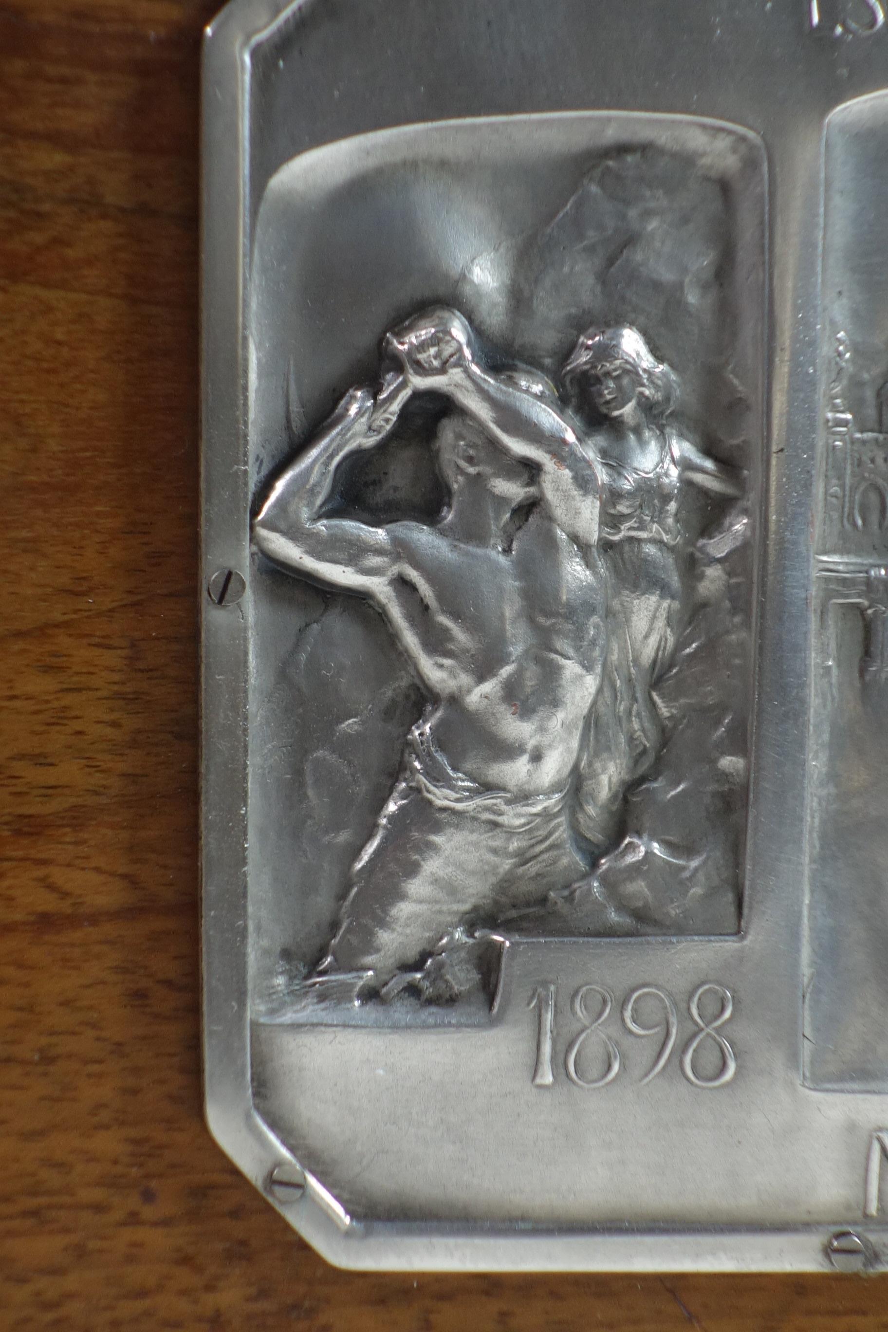 1906 Luigi Genazzi Art Nouveau Semplon Tunnel Italian Silver Plaque Wood Box For Sale 1