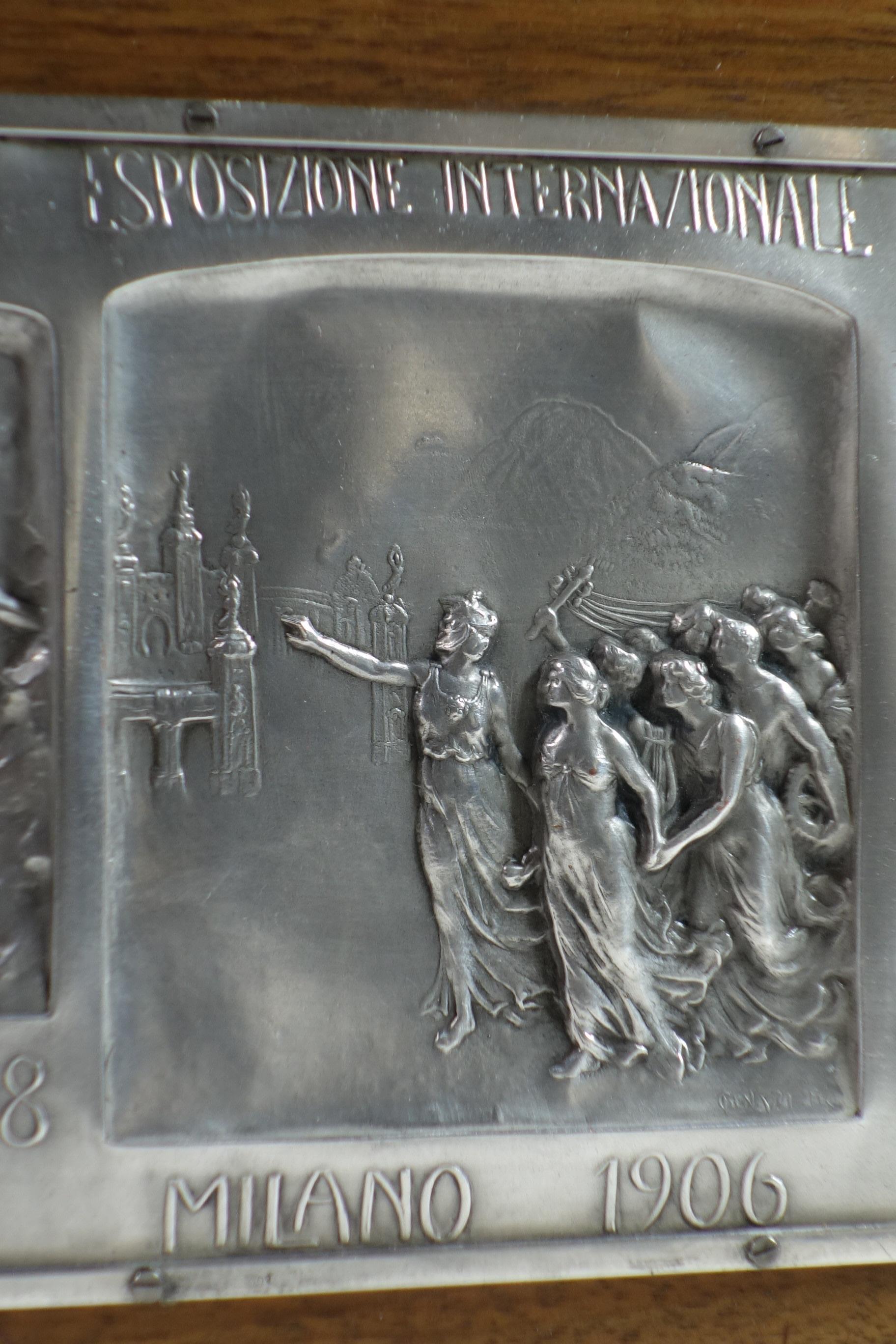 1906 Luigi Genazzi Art Nouveau Semplon Tunnel Italian Silver Plaque Wood Box For Sale 2