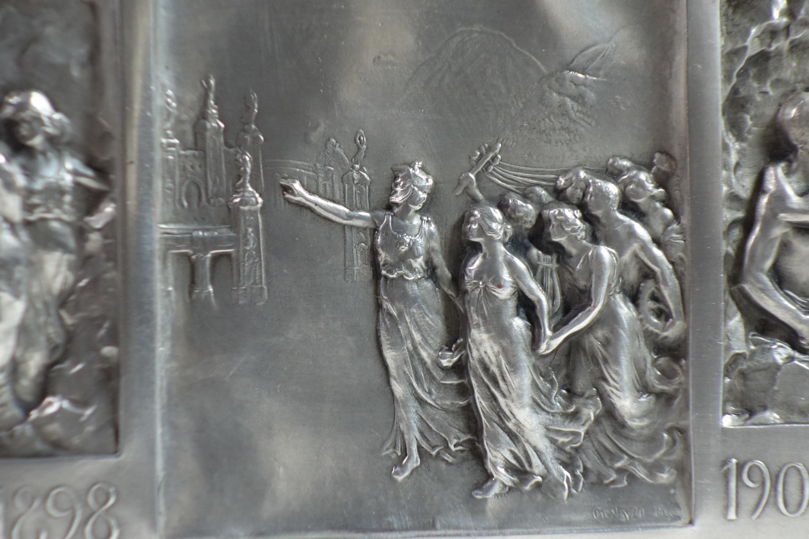 1906 Luigi Genazzi Art Nouveau Semplon Tunnel Italian Silver Plaque Wood Box For Sale 3