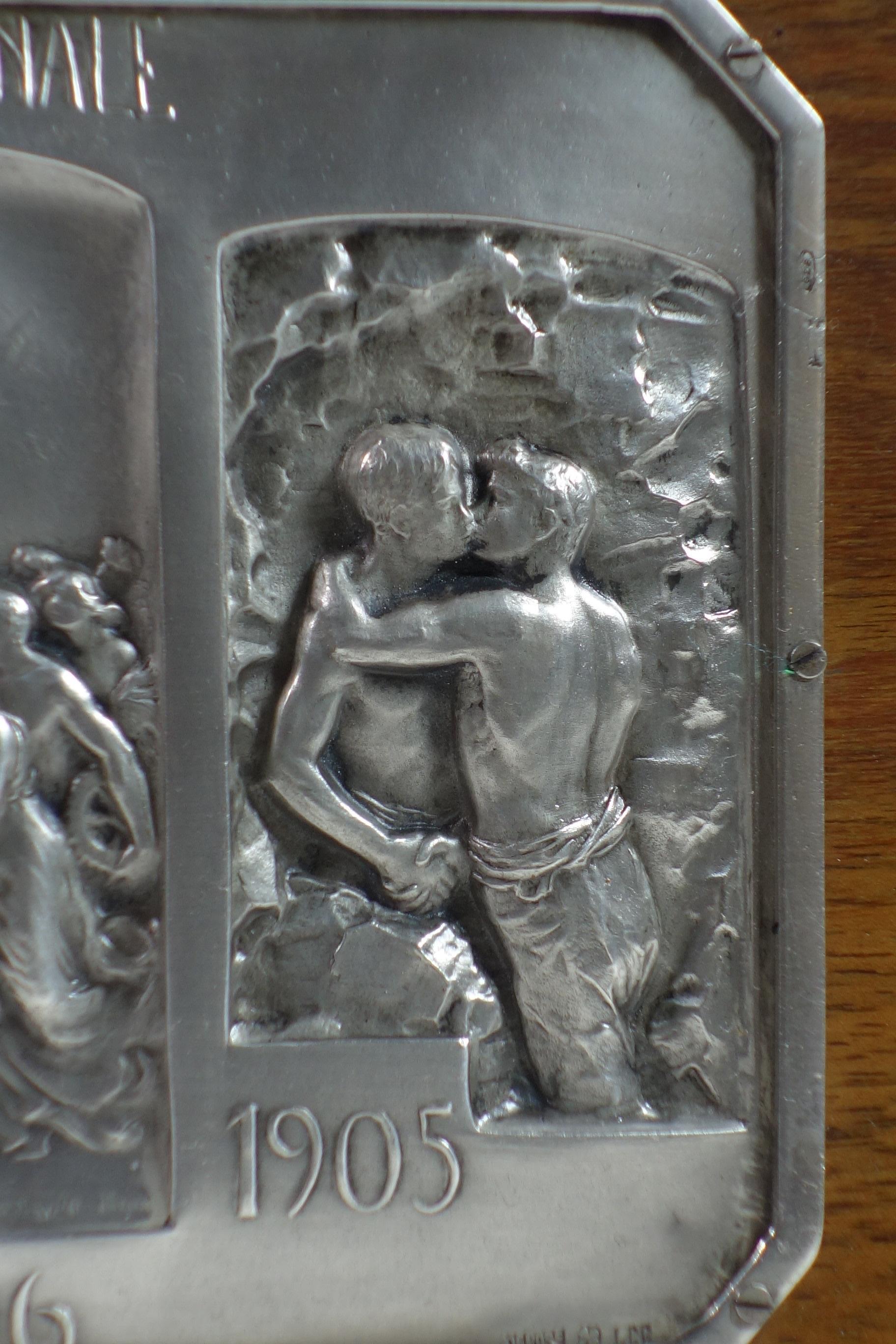 1906 Luigi Genazzi Art Nouveau Semplon Tunnel Italian Silver Plaque Wood Box For Sale 4