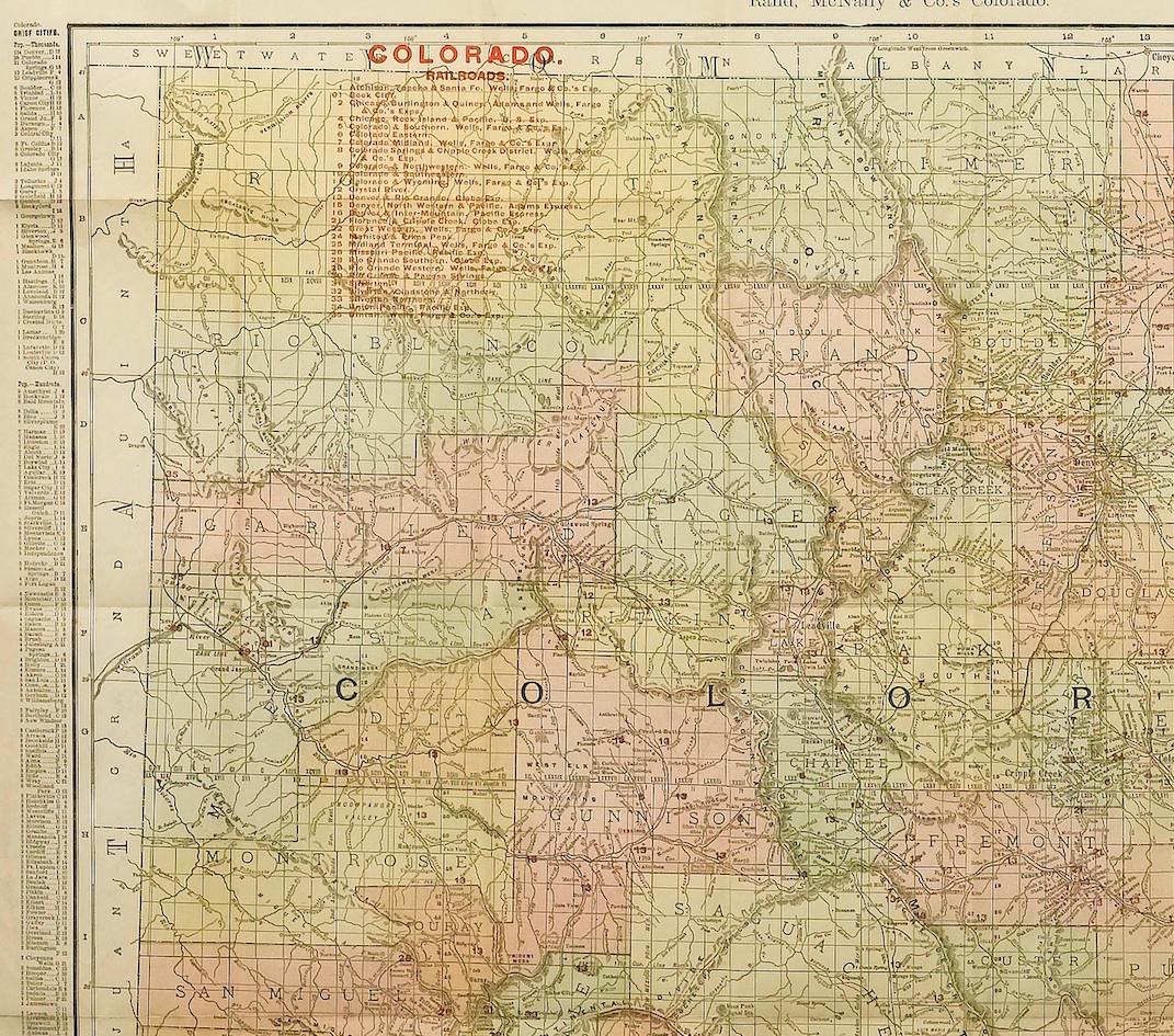 This is a 1906 Indexed County and Township Pocket Map and Shipper’s Guide of Colorado published by Rand McNally & Co. The folding pocket map was published and engraved in Chicago and is hand-colored. This beautifully detailed map would have served