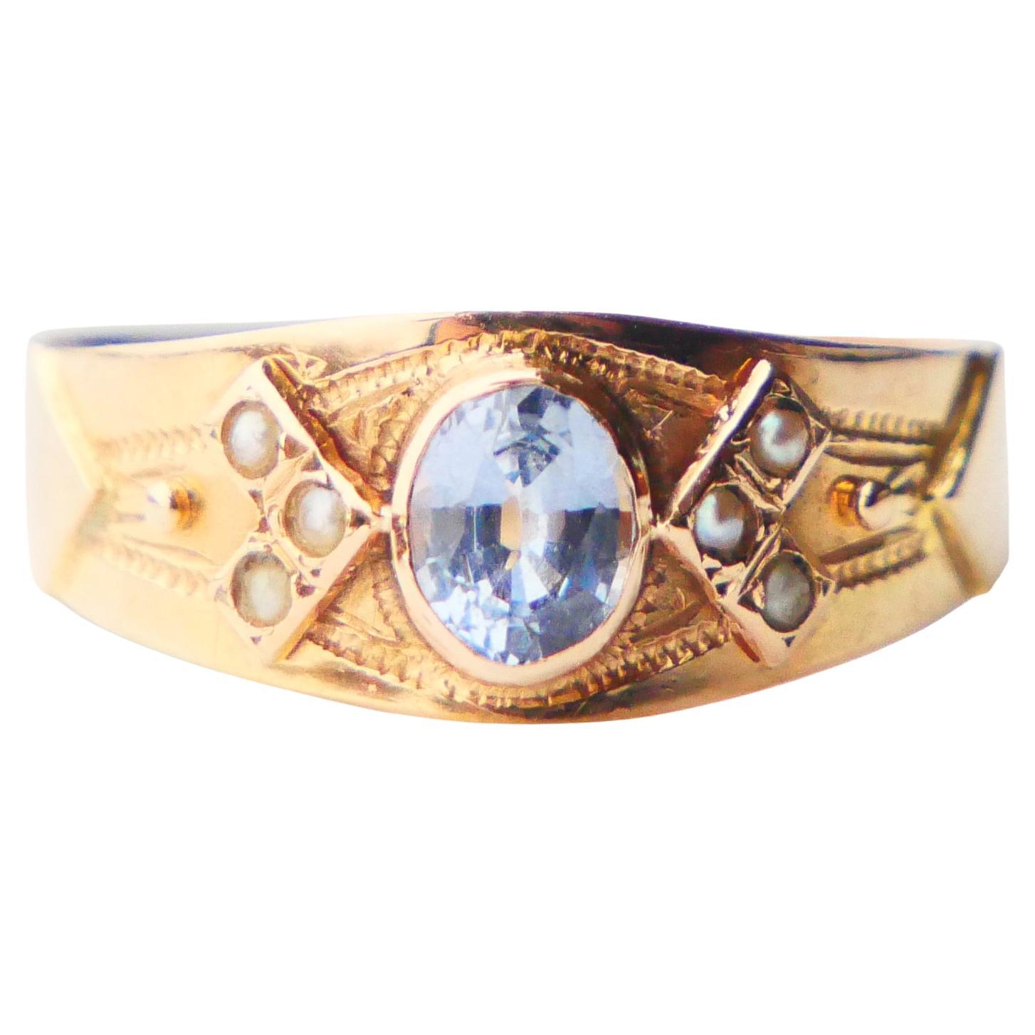 1906 Ring natural 0.75ct Blue Sapphire Pearls solid 18K Gold Ø US7 / 2.8 gr For Sale