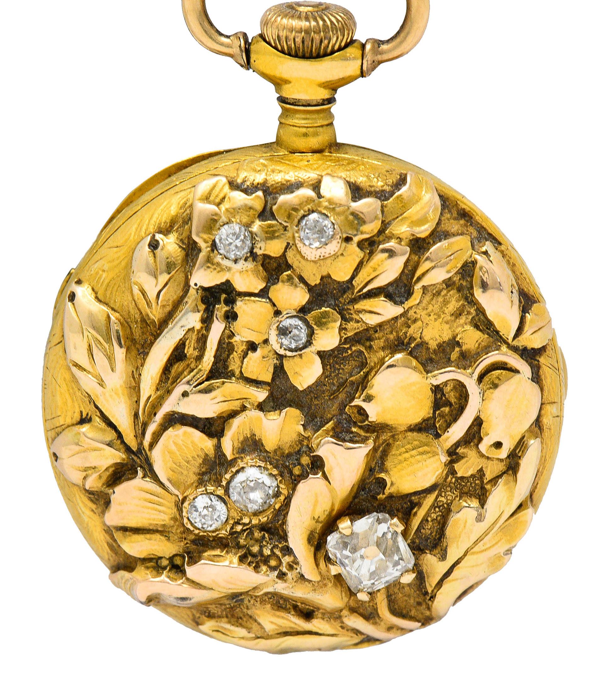 1906 Tiffany & Co. Nouveau Diamond 18 Karat Two-Tone Gold Antique Watch Pendant 3