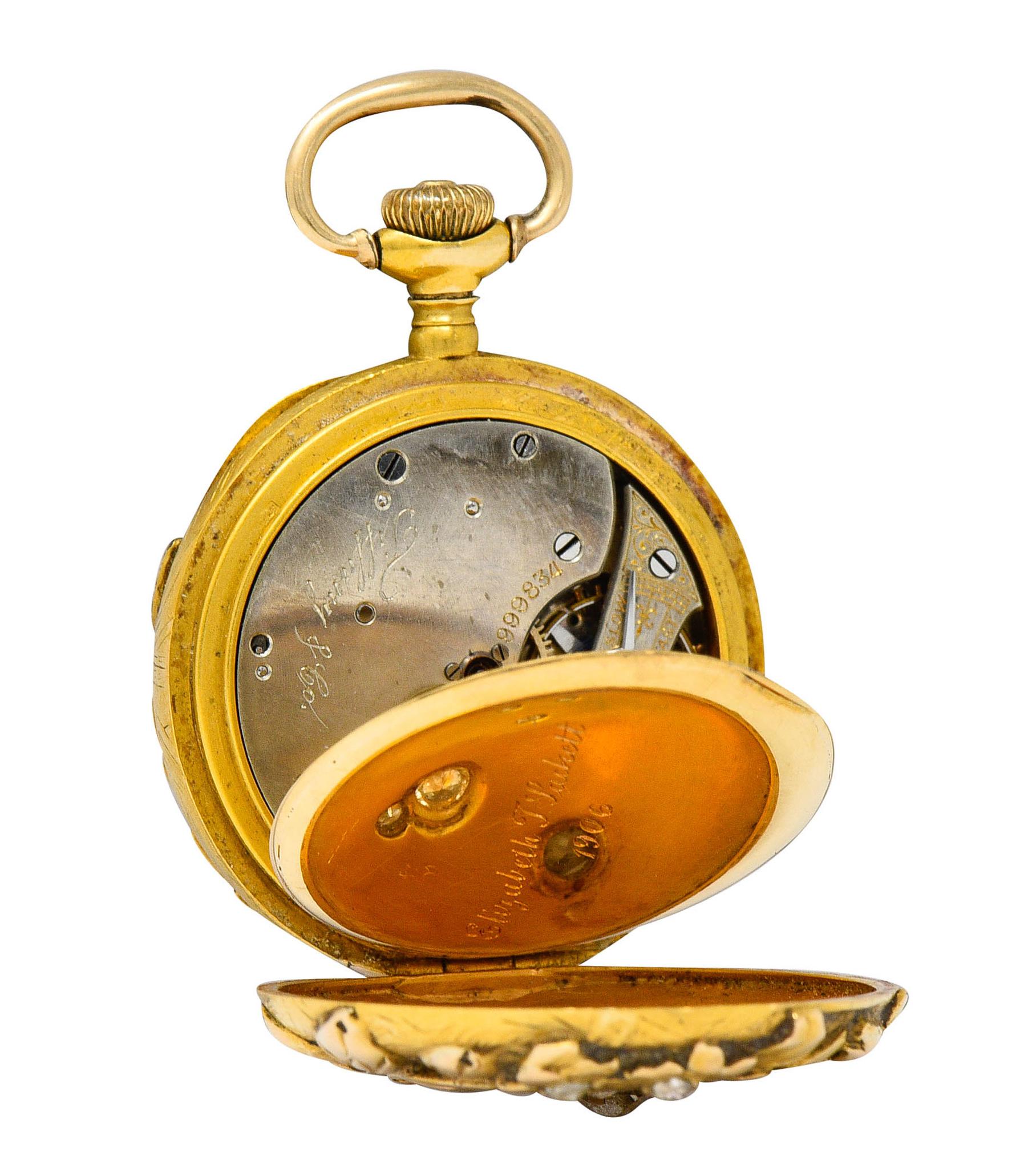 Art Nouveau 1906 Tiffany & Co. Nouveau Diamond 18 Karat Two-Tone Gold Antique Watch Pendant