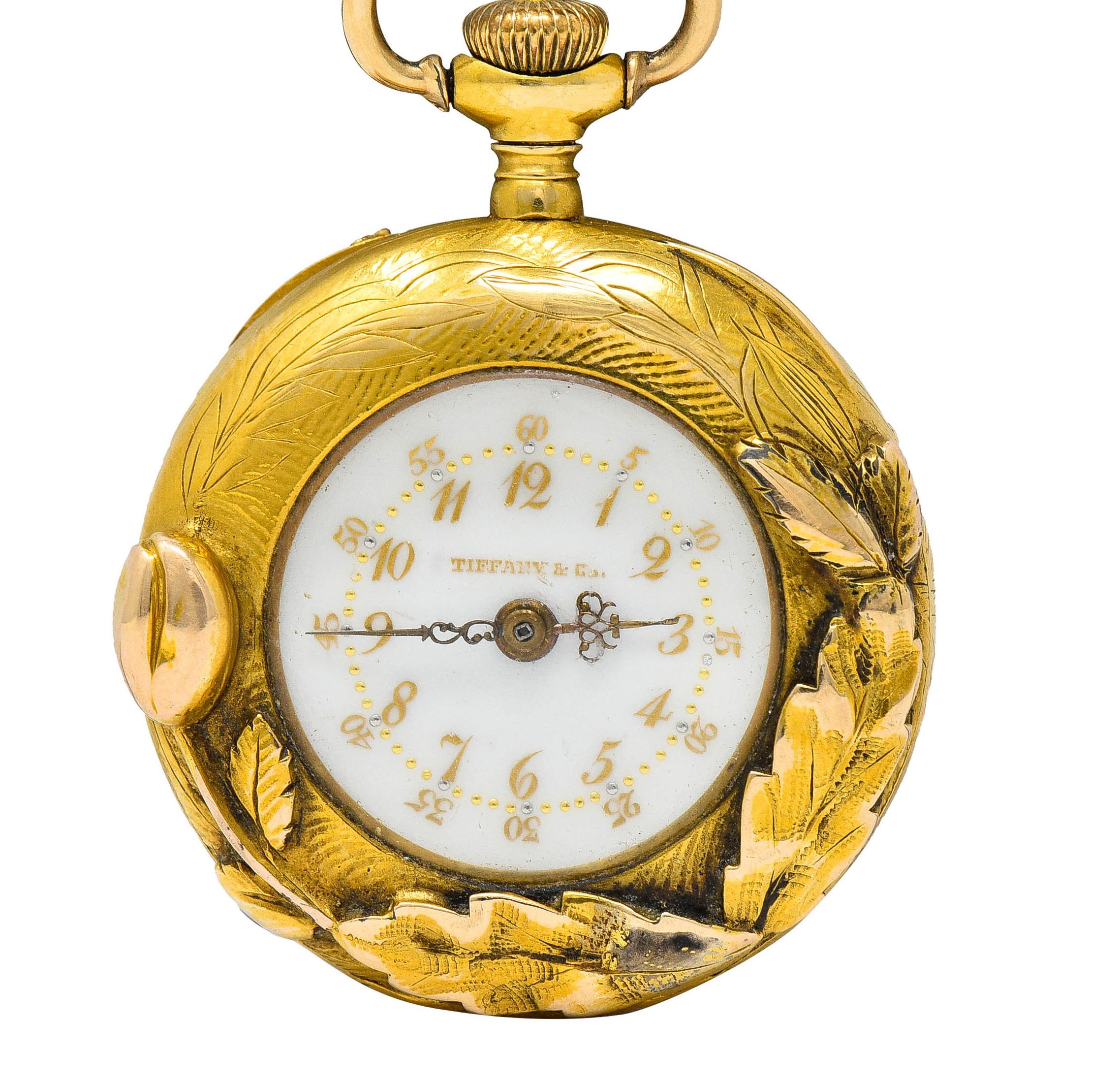 1906 Tiffany & Co. Nouveau Diamond 18 Karat Two-Tone Gold Antique Watch Pendant In Excellent Condition In Philadelphia, PA