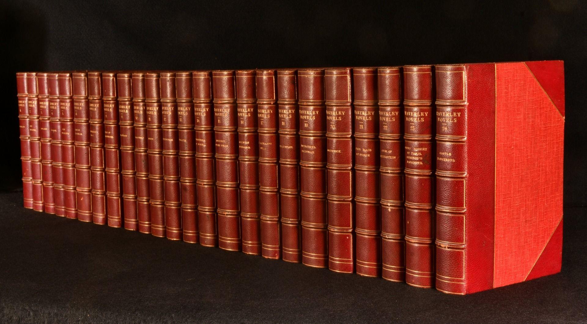 A complete set of Sir Walter Scott's famous Waverley Novels, handsomely bound in half morocco bindings.
A set, complete in twenty-four volumes, in half morocco bindings. Top edge gilt.

The 'Waverley Novels,' also known as the 'Abbotsford series,'