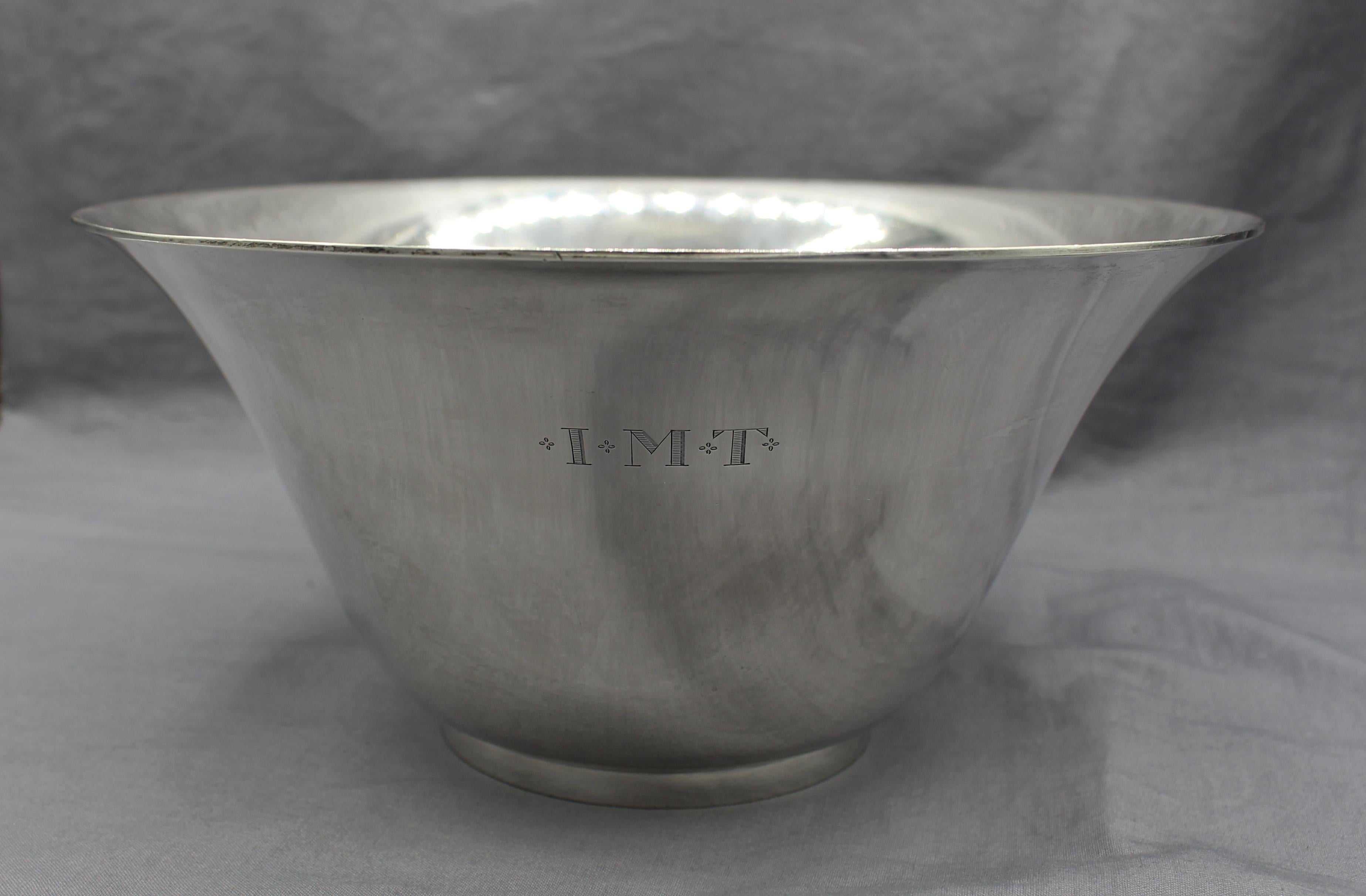 Sterling silver bowl by Tiffany, 1907-1947, American. A stunning & simple flared form. Monogramed 