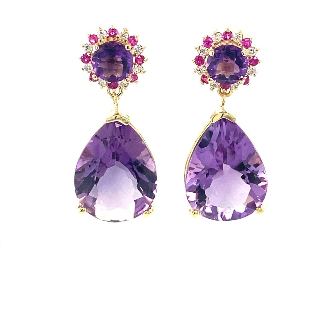 Pear Cut 19.06 Carat Amethyst Sapphire and Diamond Yellow Gold Drop Earrings