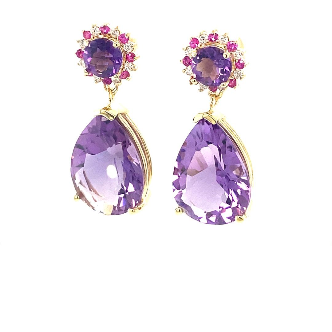 Women's 19.06 Carat Amethyst Sapphire and Diamond Yellow Gold Drop Earrings