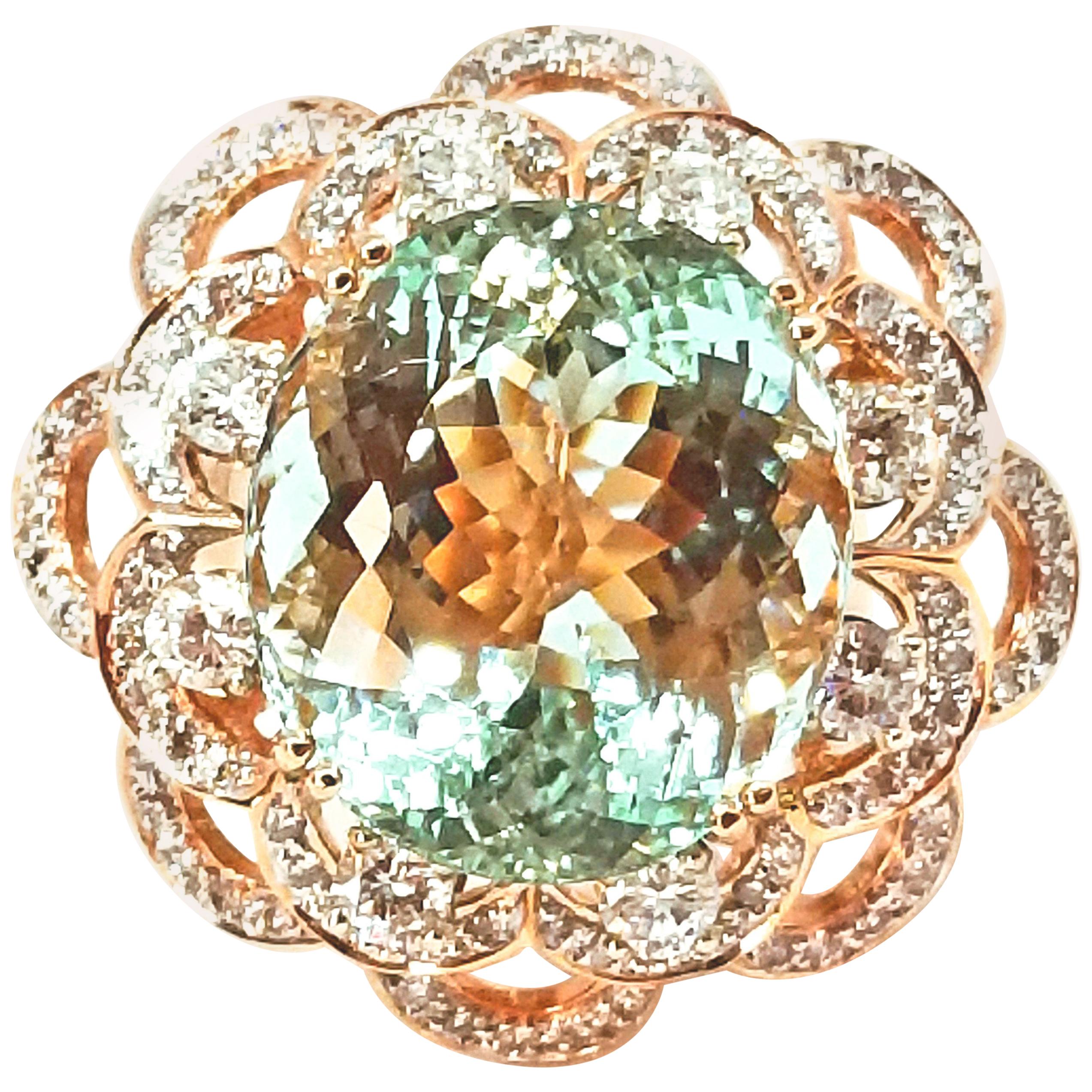 19.07 Carat Brazilian Aquamarine Diamond Tiered Cocktail Ring Rose Gold For Sale