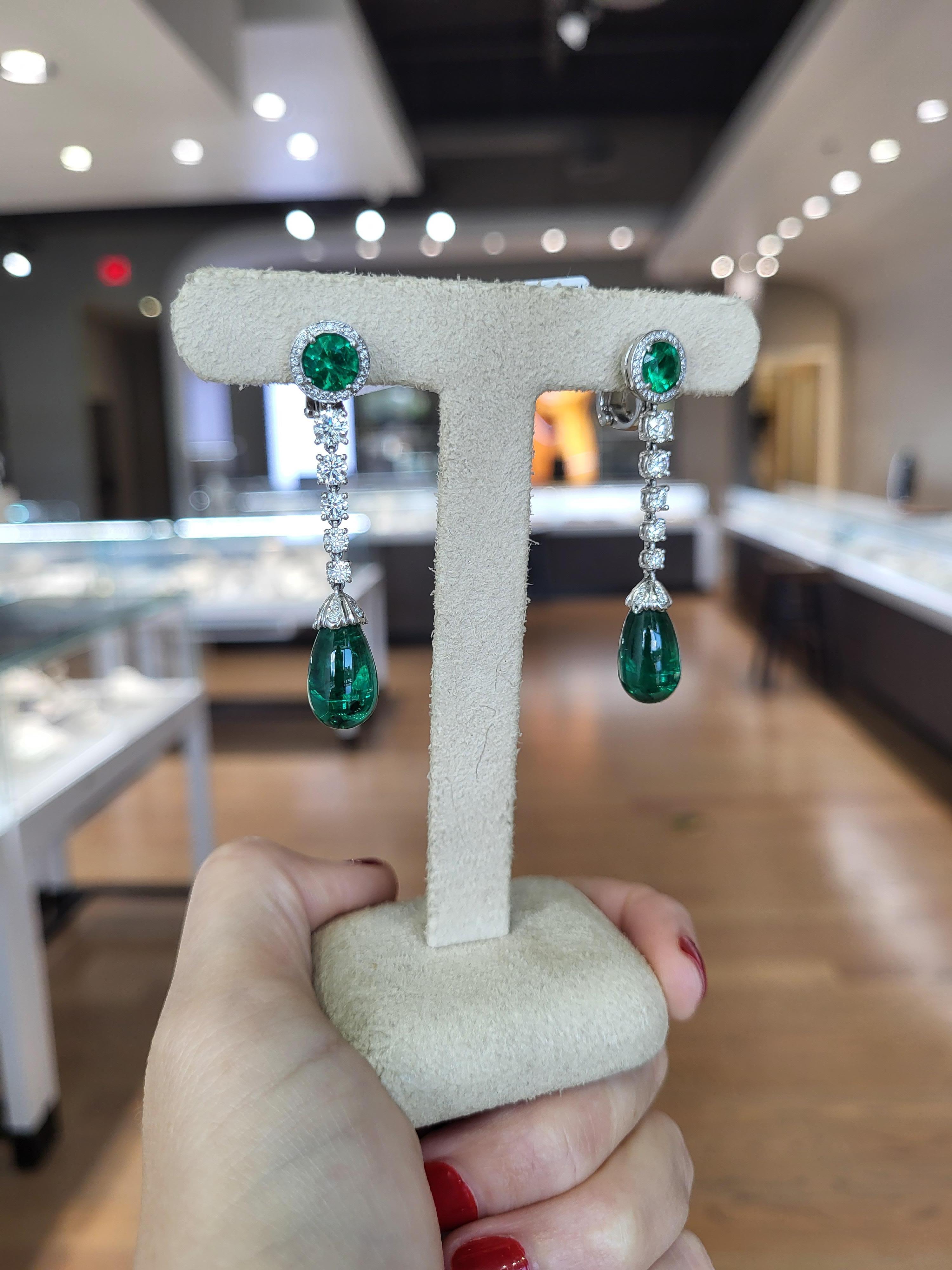 19.07 Carat Total Weight Zambian Emeralds & Diamond Dangle Earrings  For Sale 5