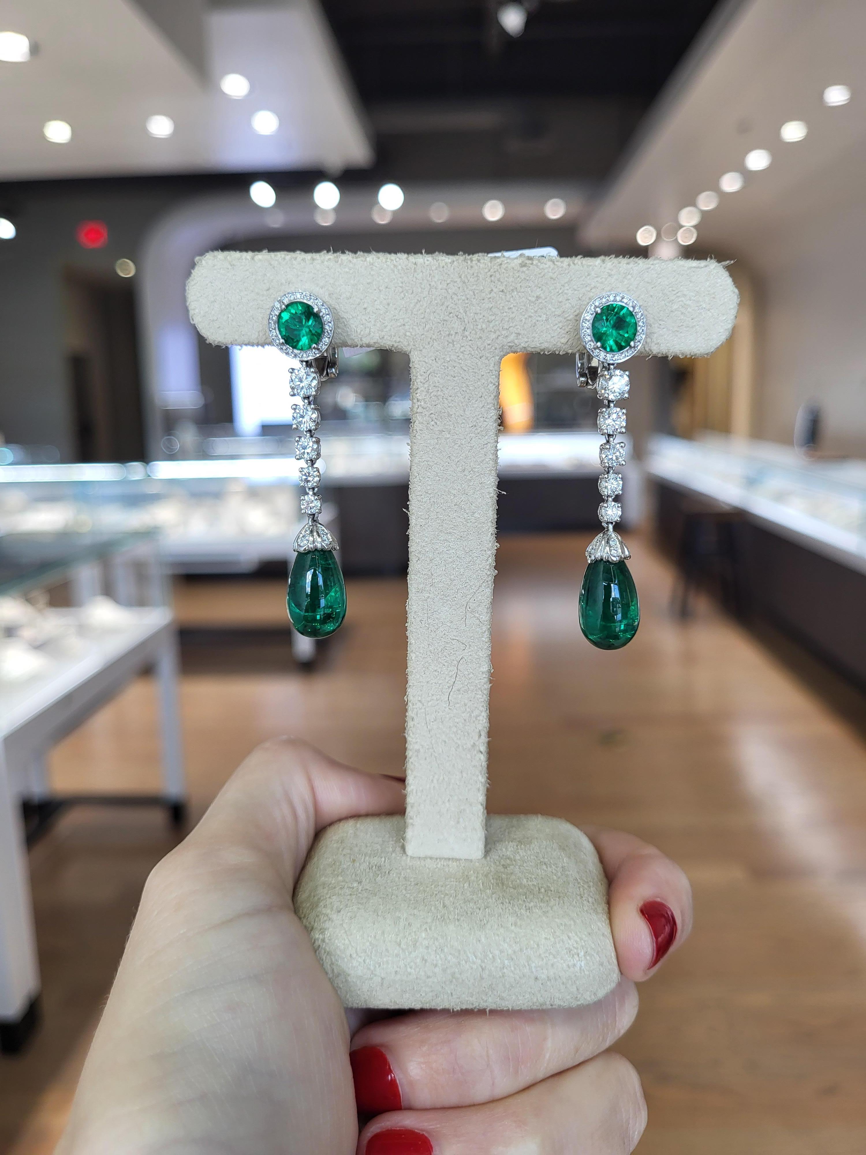 19.07 Carat Total Weight Zambian Emeralds & Diamond Dangle Earrings  For Sale 6