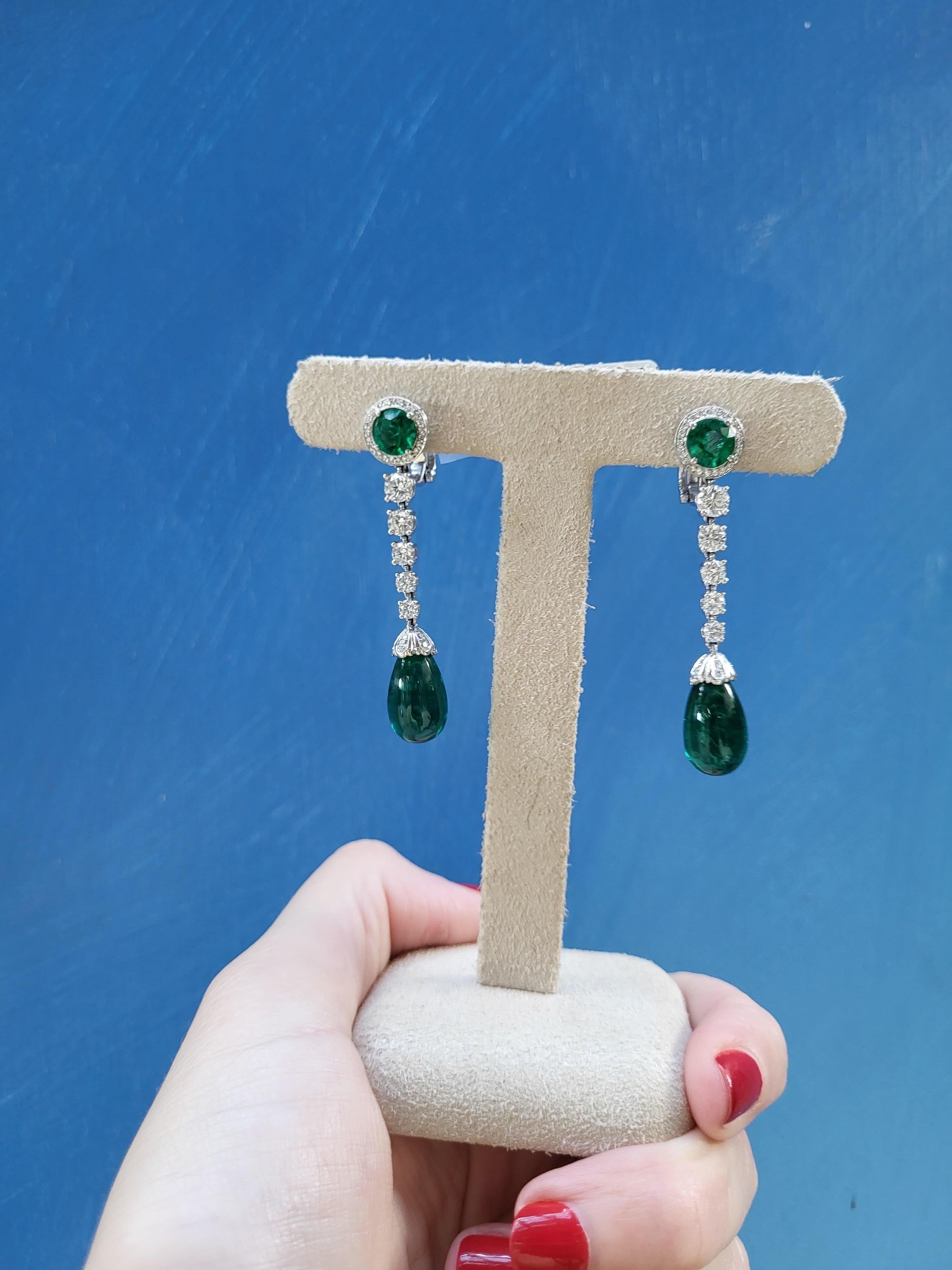 19.07 Carat Total Weight Zambian Emeralds & Diamond Dangle Earrings  For Sale 7