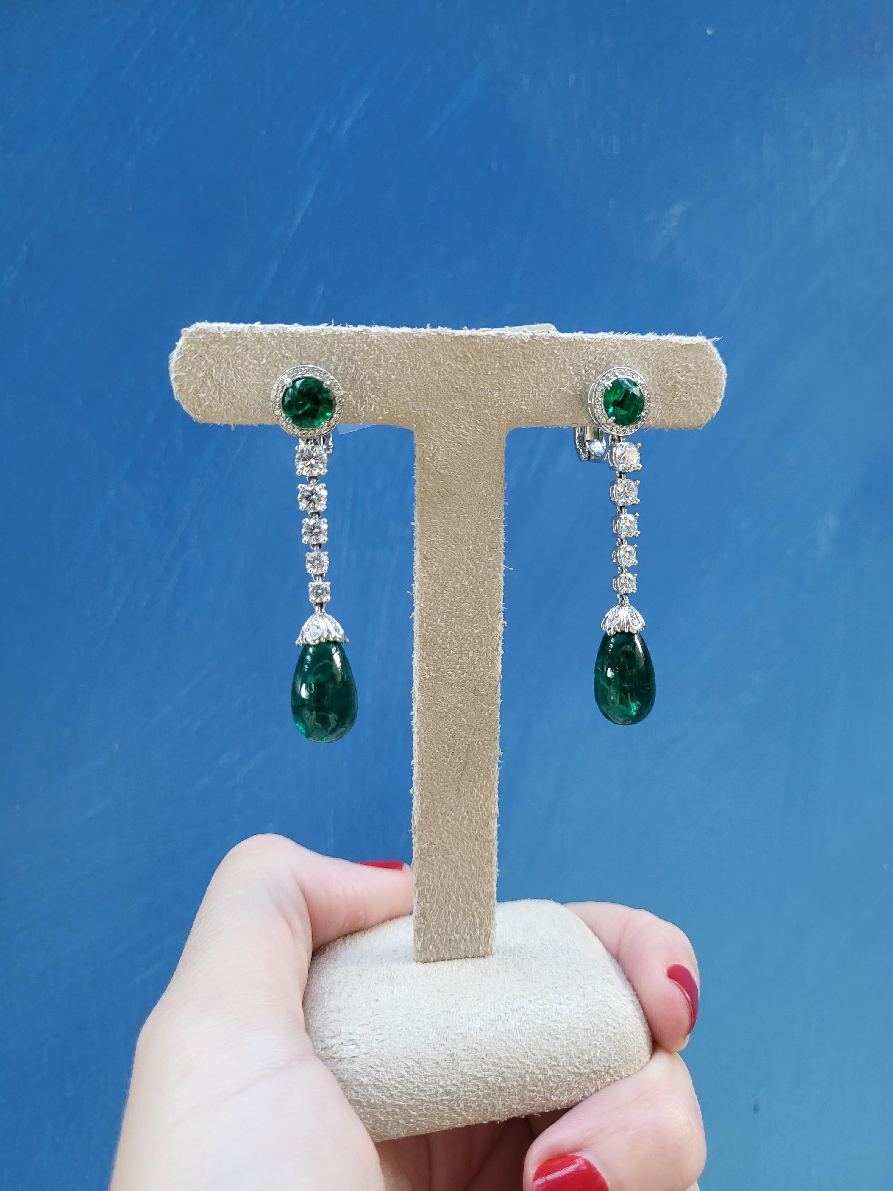 19.07 Carat Total Weight Zambian Emeralds & Diamond Dangle Earrings  For Sale 8