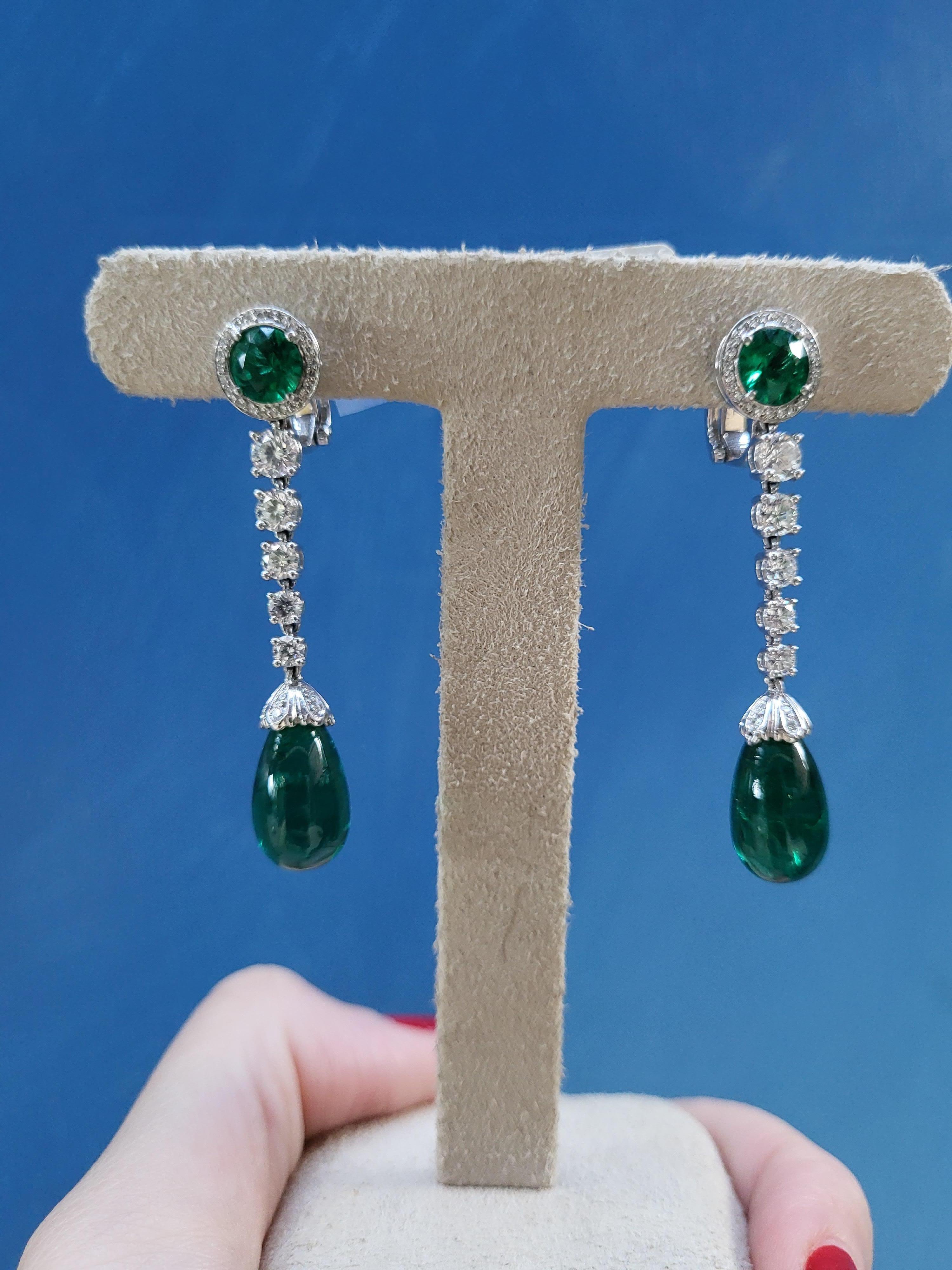 19.07 Carat Total Weight Zambian Emeralds & Diamond Dangle Earrings  For Sale 9