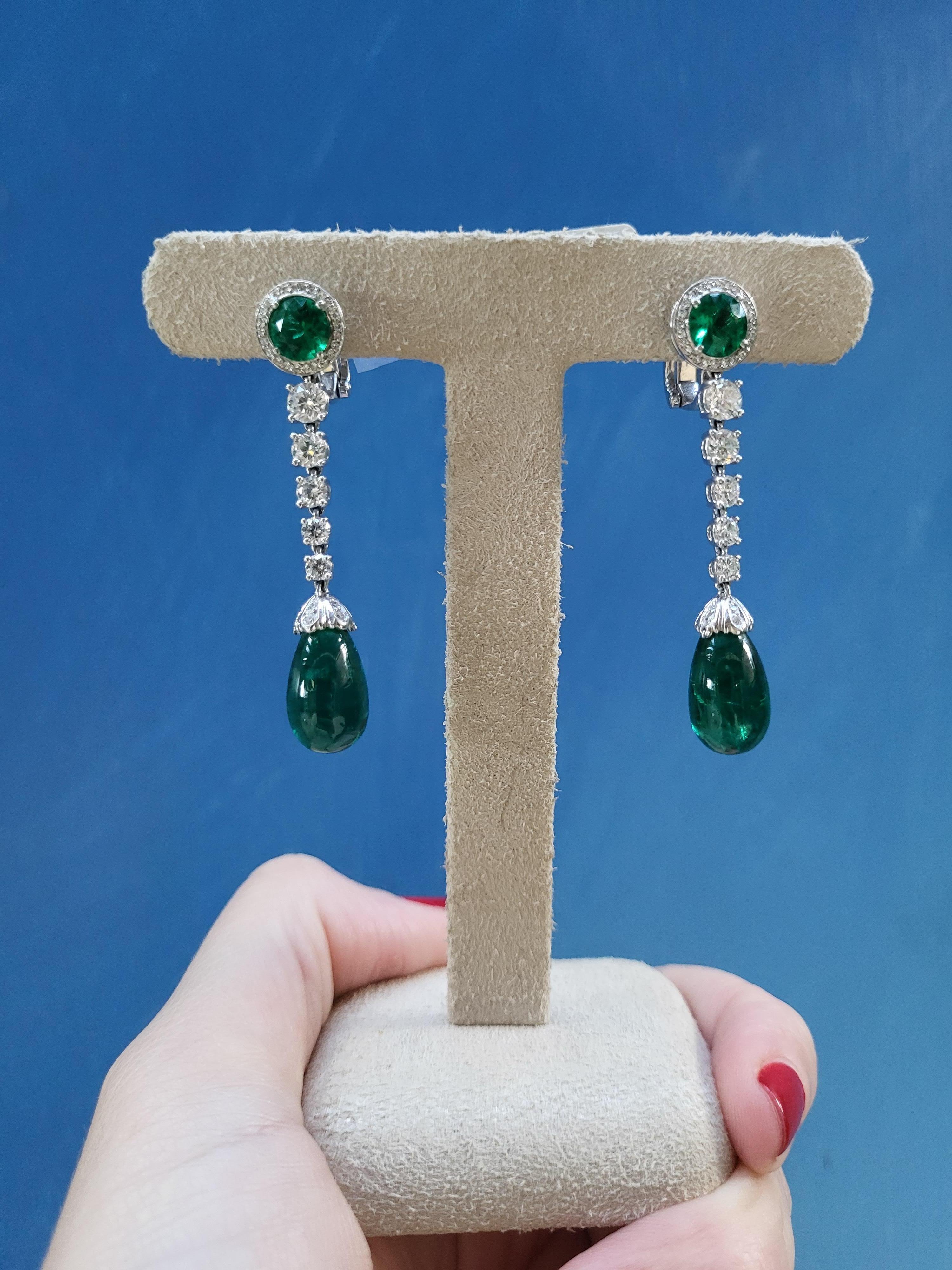 19.07 Carat Total Weight Zambian Emeralds & Diamond Dangle Earrings  For Sale 10