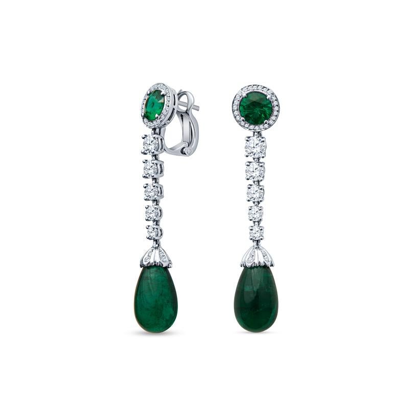 This stunning pair of earrings features approximately 19.07 carat total weight of Emeralds and approximately 2.12 carat total weight in diamonds. Each Earring features one Cabochon Briolette Emerald Drop in a pave diamond mounting that is suspended