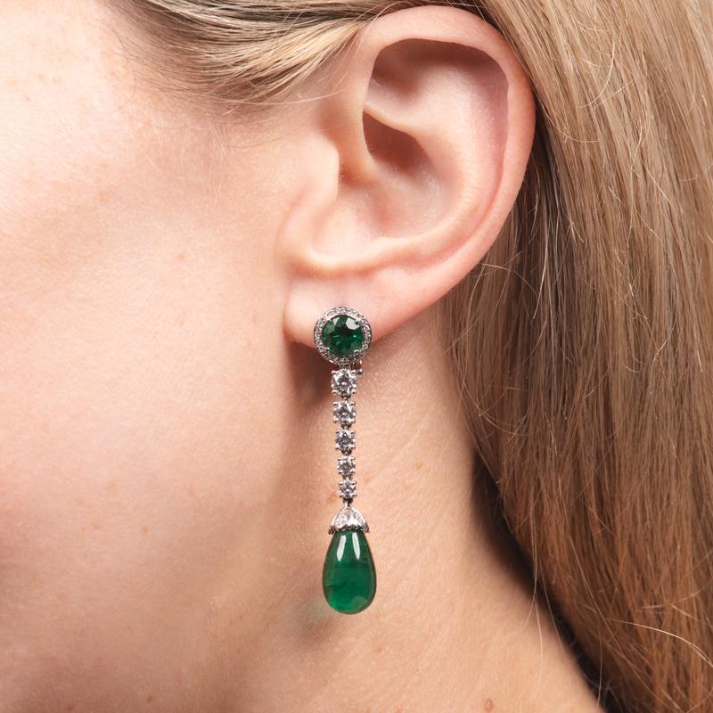 19.07 Carat Total Weight Zambian Emeralds & Diamond Dangle Earrings  In Excellent Condition For Sale In Houston, TX