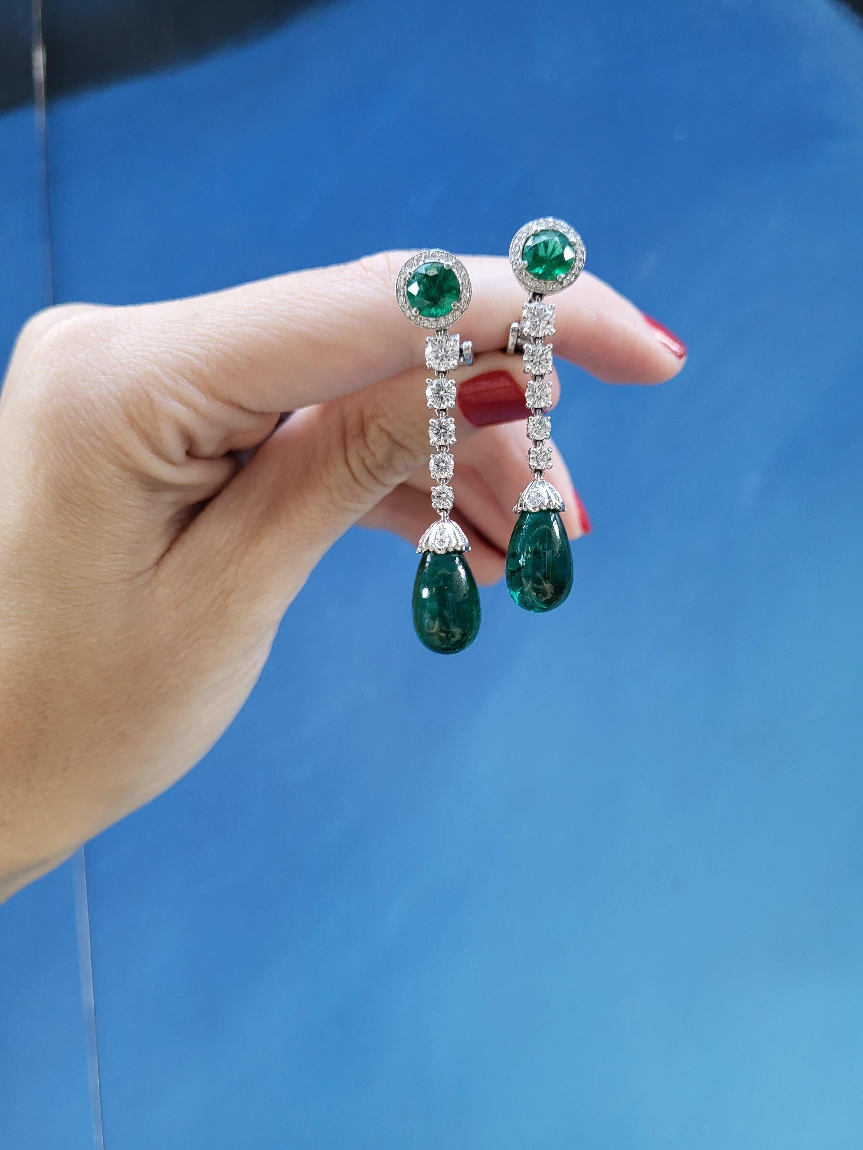19.07 Carat Total Weight Zambian Emeralds & Diamond Dangle Earrings  For Sale 2