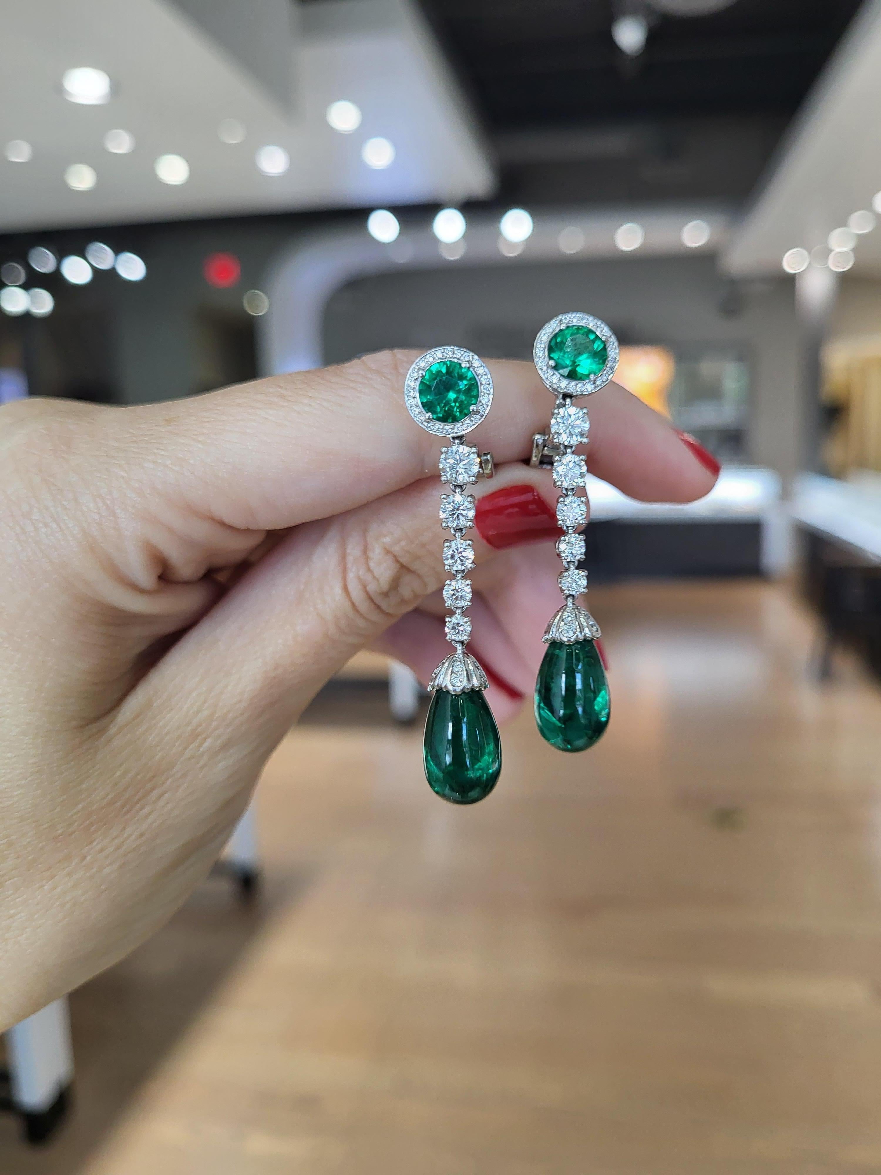 19.07 Carat Total Weight Zambian Emeralds & Diamond Dangle Earrings  For Sale 3