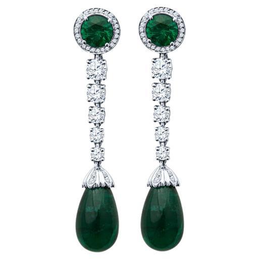 19.07 Carat Total Weight Zambian Emeralds & Diamond Dangle Earrings  For Sale