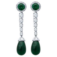 19.07 Carat Total Weight Zambian Emeralds & Diamond Dangle Earrings 
