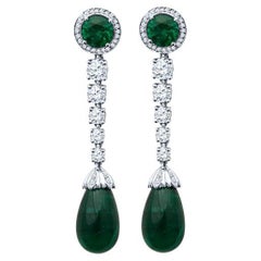 19.07 Carat Total Weight Zambian Emeralds & Diamond Dangle Earrings