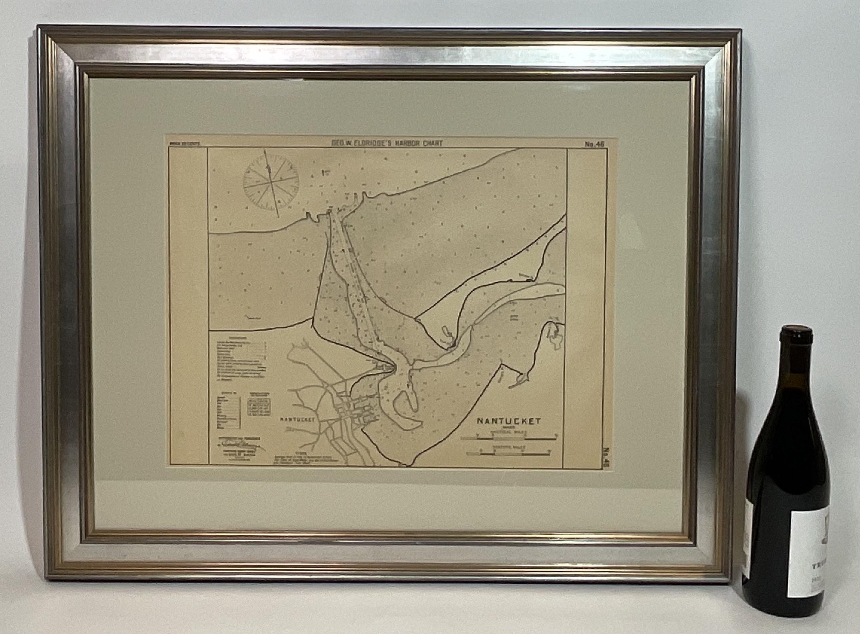Carte du port de Nantucket datant de 1907, réalisée par le cartographe George W. Eldridge. La carte montre le chenal passant par la jetée dans le port, par Brant Point jusqu'à Steamboat Wharf. Sont également représentés la plage de Coatue, Pimmy's