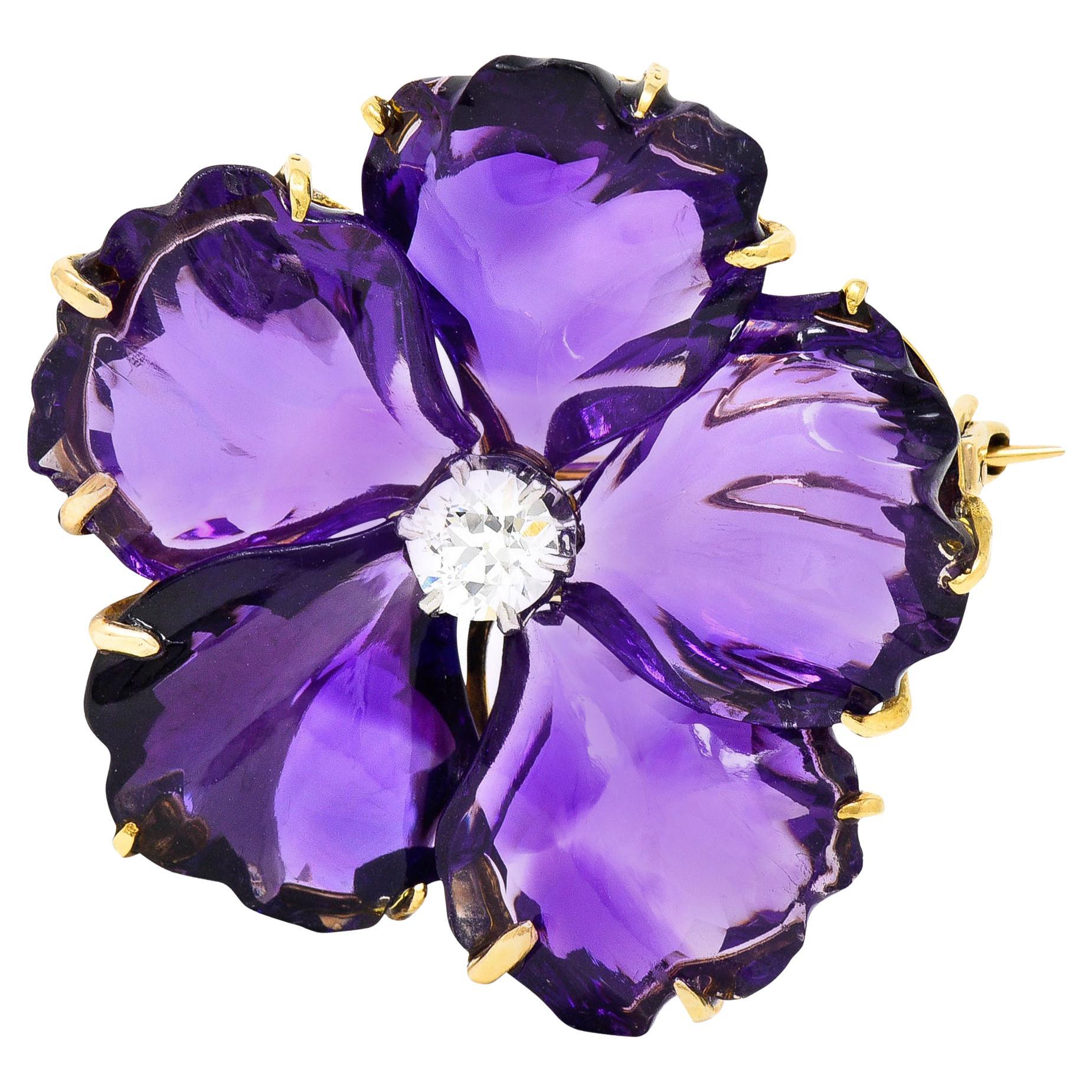 1907 Kohn & Son Carved Amethyst Diamond Flower Antique Brooch