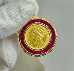 1907 Liberty Gold Half Eagle $5 Coin Pendant Necklace 3 CT Ruby Halo 14K Gold