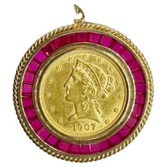 1907 Liberty Gold Half Eagle $5 Coin Pendant Necklace 3 CT Ruby Halo 14K Gold
