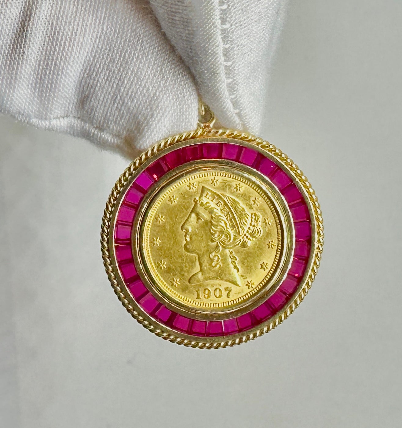 1907 Liberty Gold Half Eagle $5 Coin Pendant Necklace 3 CT Ruby Halo 14K Gold For Sale