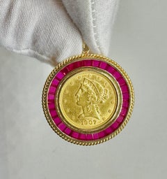 1907 Liberty Gold Half Eagle $5 Coin Pendant Necklace 3 CT Ruby Halo 14K Gold