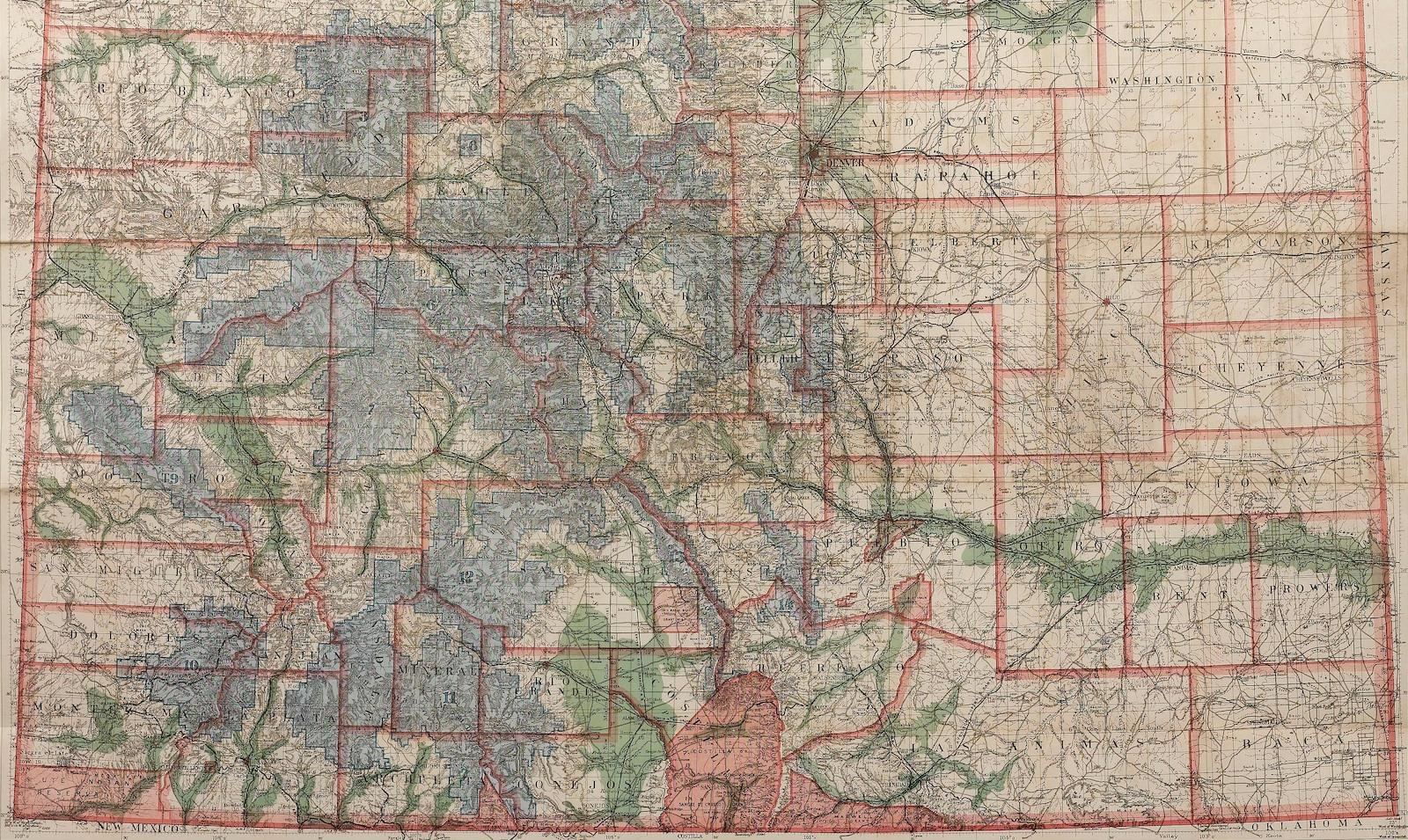 1907 Karte von Colorado, antike topografische Karte, von Louis Nell im Zustand „Gut“ im Angebot in Colorado Springs, CO