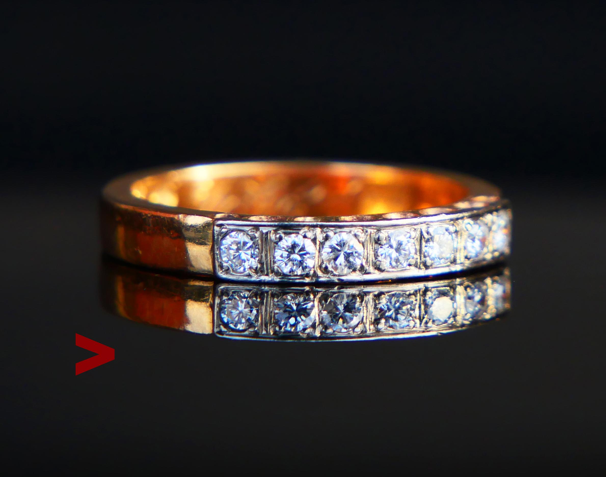Nordic Alliance Wedding Ring in solid 20K Gold with lane in Platinum for 7 pave set diamond cut Diamonds Ø 2 mm / ca 0.03ct. each. Color ca. F,G / VVS . All stones have backs open and sparkle brightly . Gold has reddish/orange tint.

Swedish