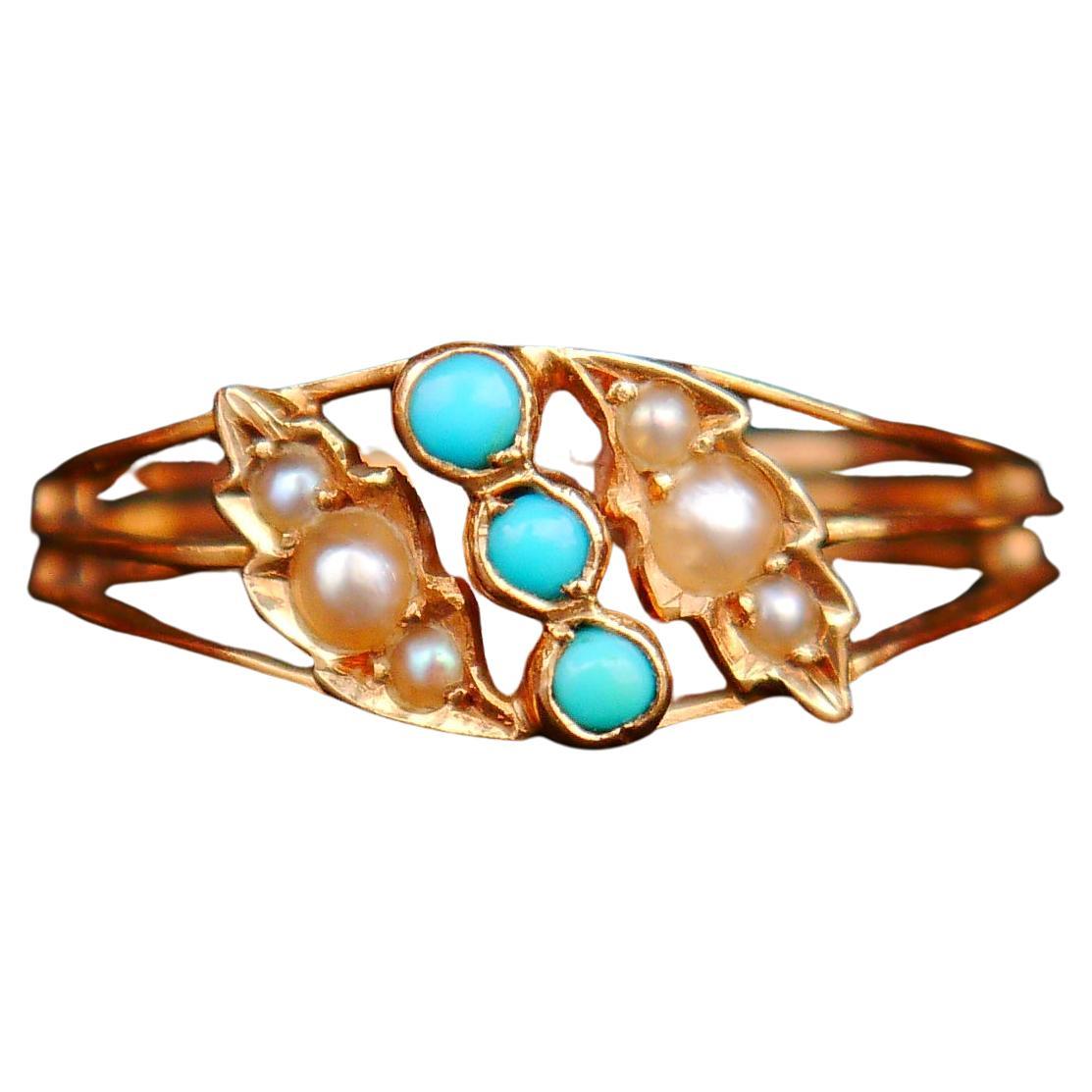 1907 Nordic Ring Blue Turquoise Seed Pearls solid 18K Gold ØUS5.25 /1.4gr For Sale