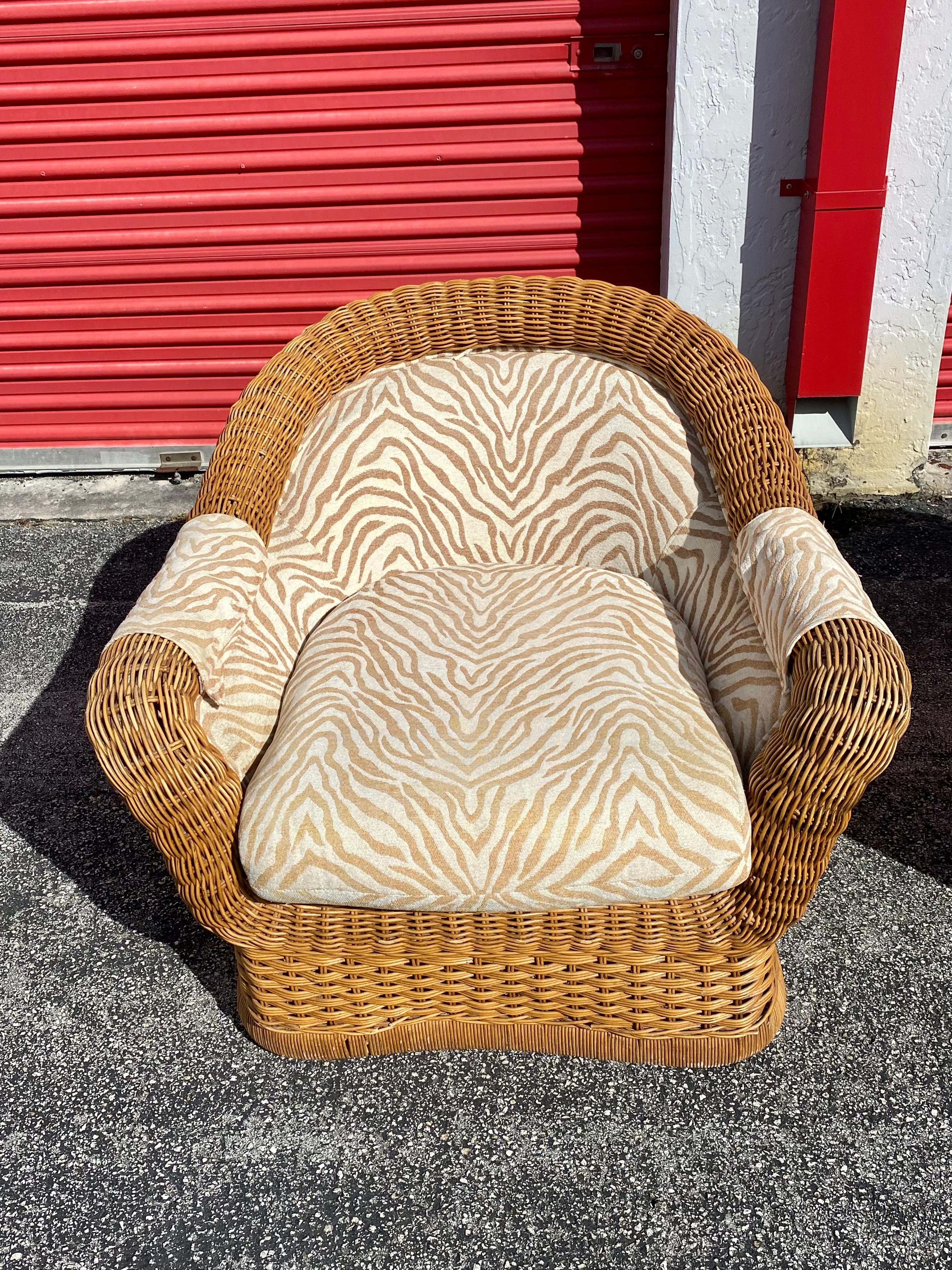 1970s Ficks Reed Woven Rattan Zebra Chairs and Ottomans, Set of 4 For Sale 4