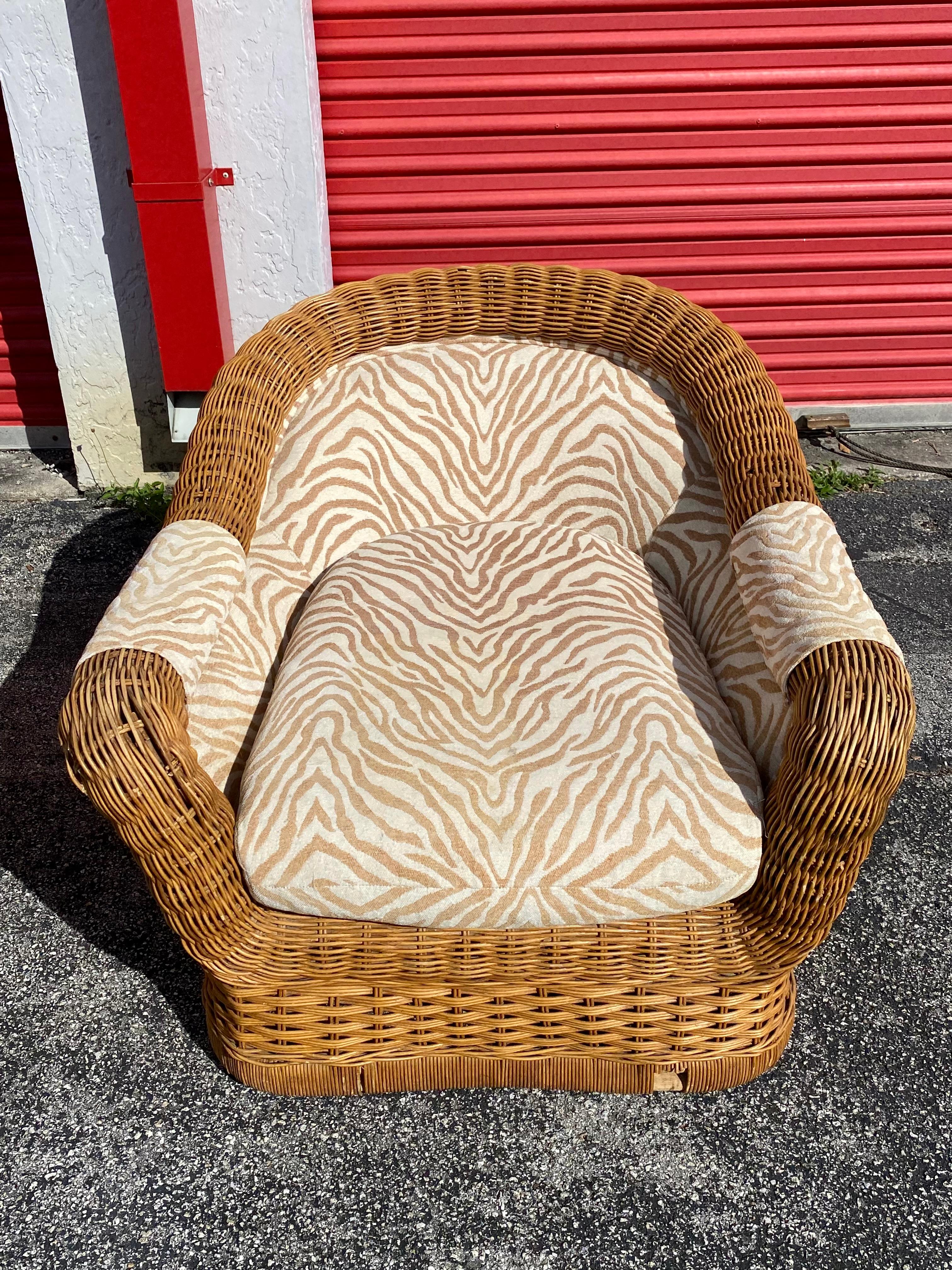 1970s Ficks Reed Woven Rattan Zebra Chairs and Ottomans, Set of 4 For Sale 5
