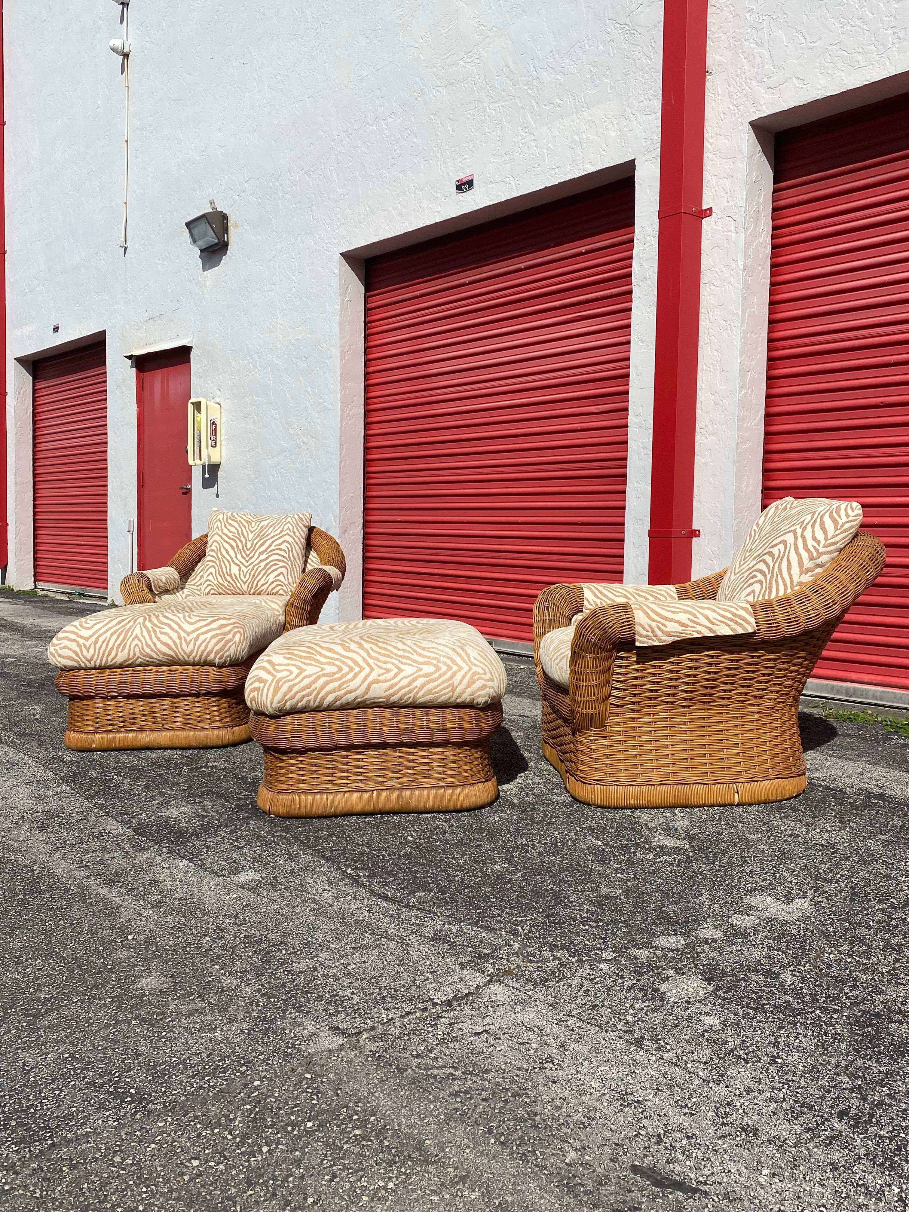 Mid-Century Modern 1970s Ficks Reed Woven Rattan Zebra Chairs and Ottomans, Set of 4 For Sale