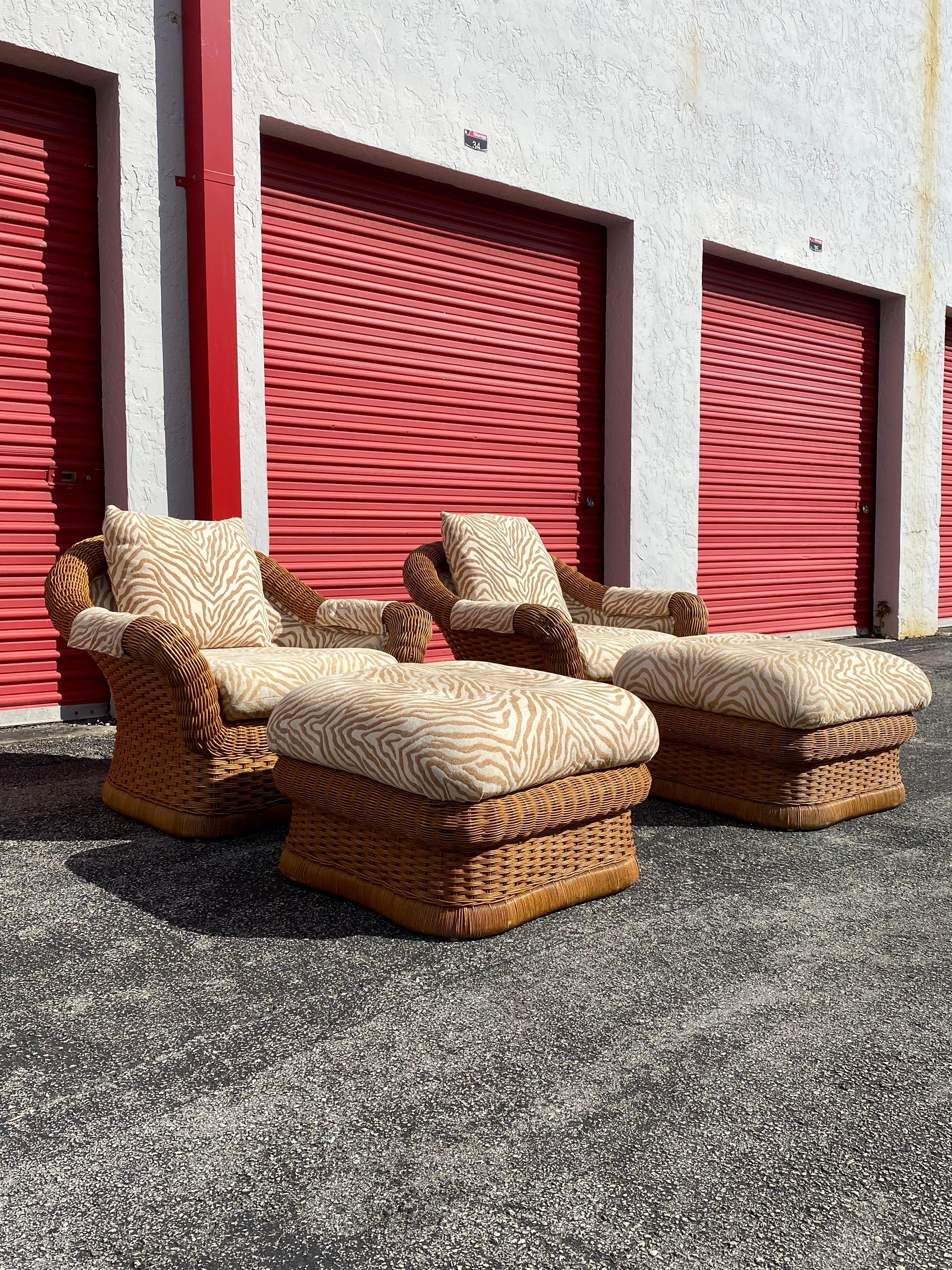 1970s Ficks Reed Woven Rattan Zebra Chairs and Ottomans, Set of 4 In Good Condition For Sale In Fort Lauderdale, FL